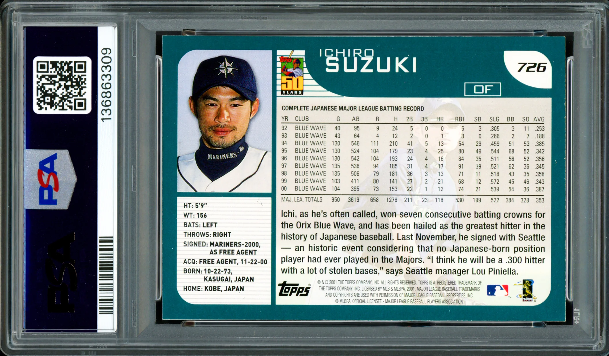 Ichiro Suzuki Autographed 2001 Topps Rookie Card #726 Seattle Mariners PSA 9 Auto Grade Gem Mint 10 PSA/DNA #136863309 - Image 2