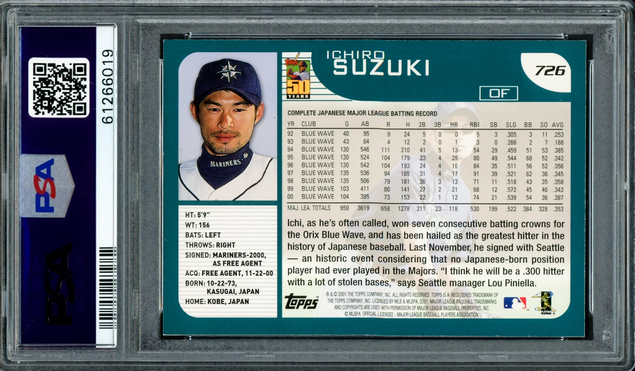 Ichiro Suzuki Autographed 2001 Topps Rookie Card #726 Seattle Mariners PSA 9 Auto Grade Gem Mint 10 PSA/DNA #61266019 - Image 2