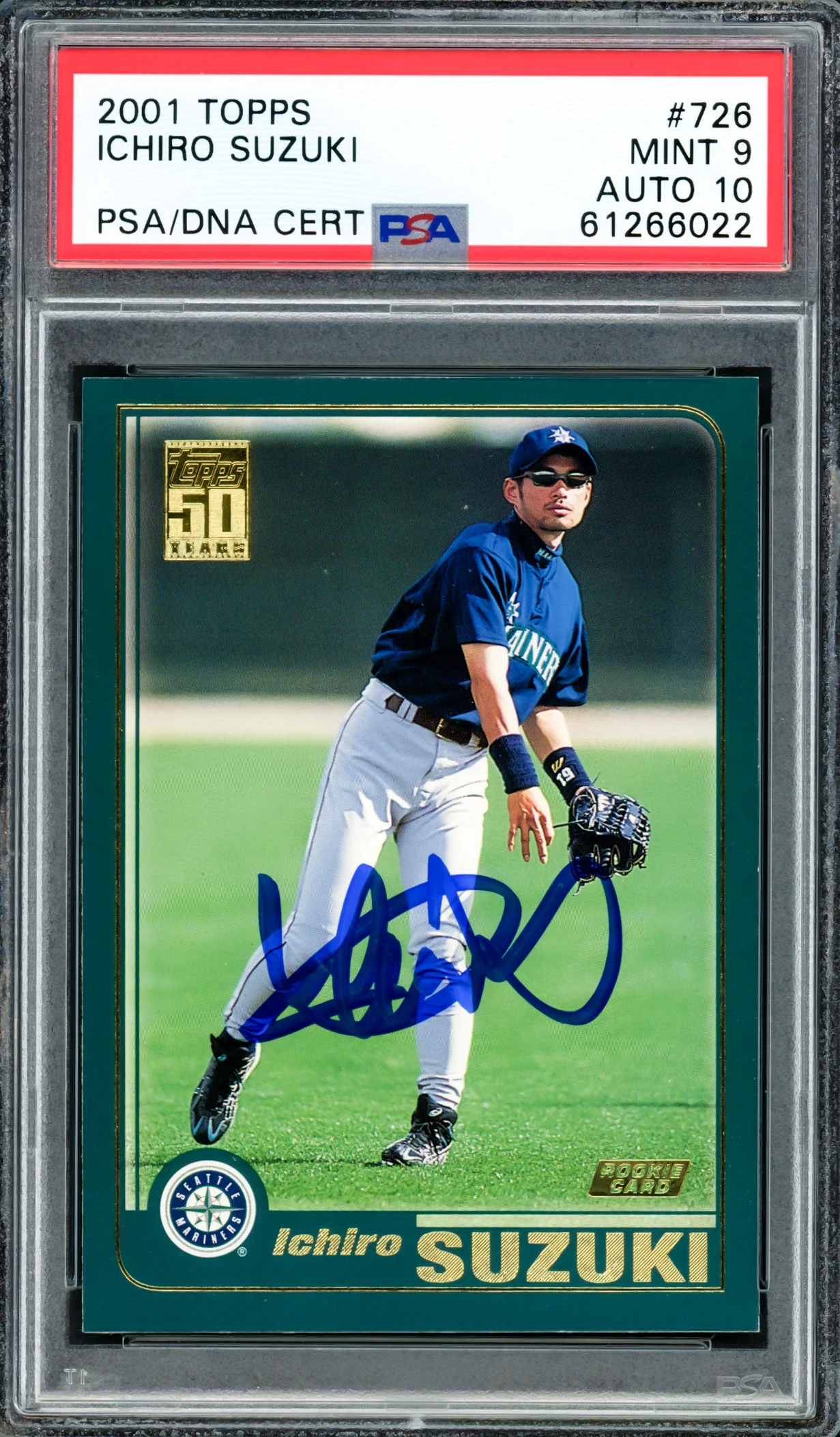 Ichiro Suzuki Autographed 2001 Topps Rookie Card #726 Seattle Mariners PSA 9 Auto Grade Gem Mint 10 PSA/DNA #61266022