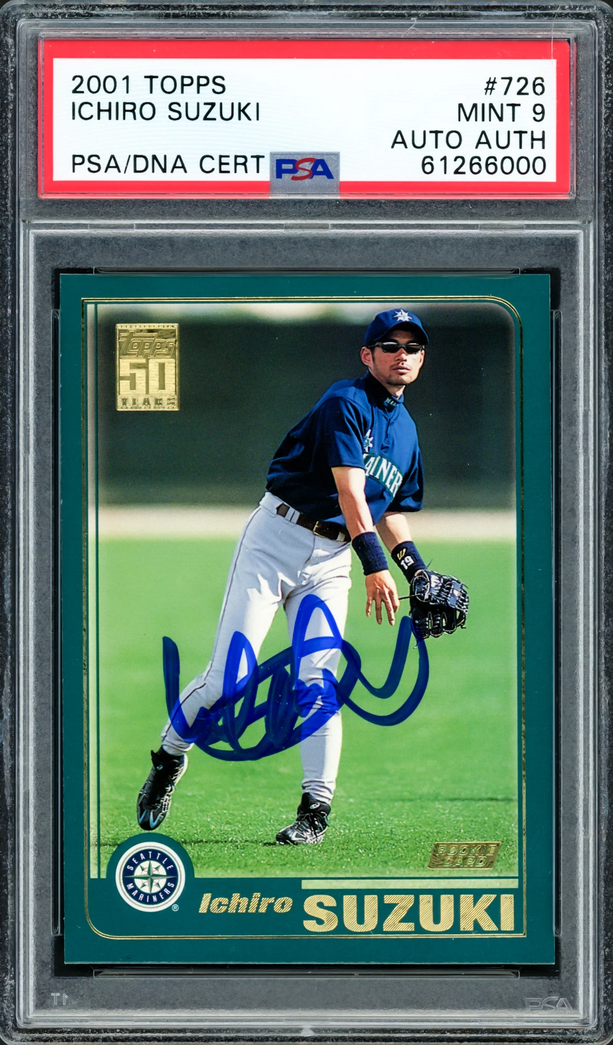 Ichiro Suzuki Autographed 2001 Topps Rookie Card #726 Seattle Mariners PSA 9 PSA/DNA Stock #220861