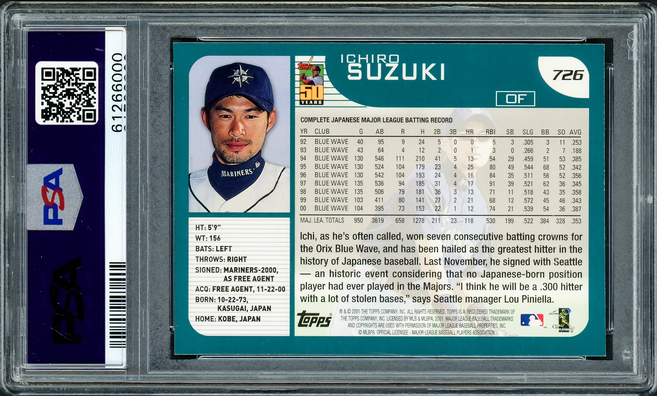 Ichiro Suzuki Autographed 2001 Topps Rookie Card #726 Seattle Mariners PSA 9 PSA/DNA Stock #220861 - Image 2