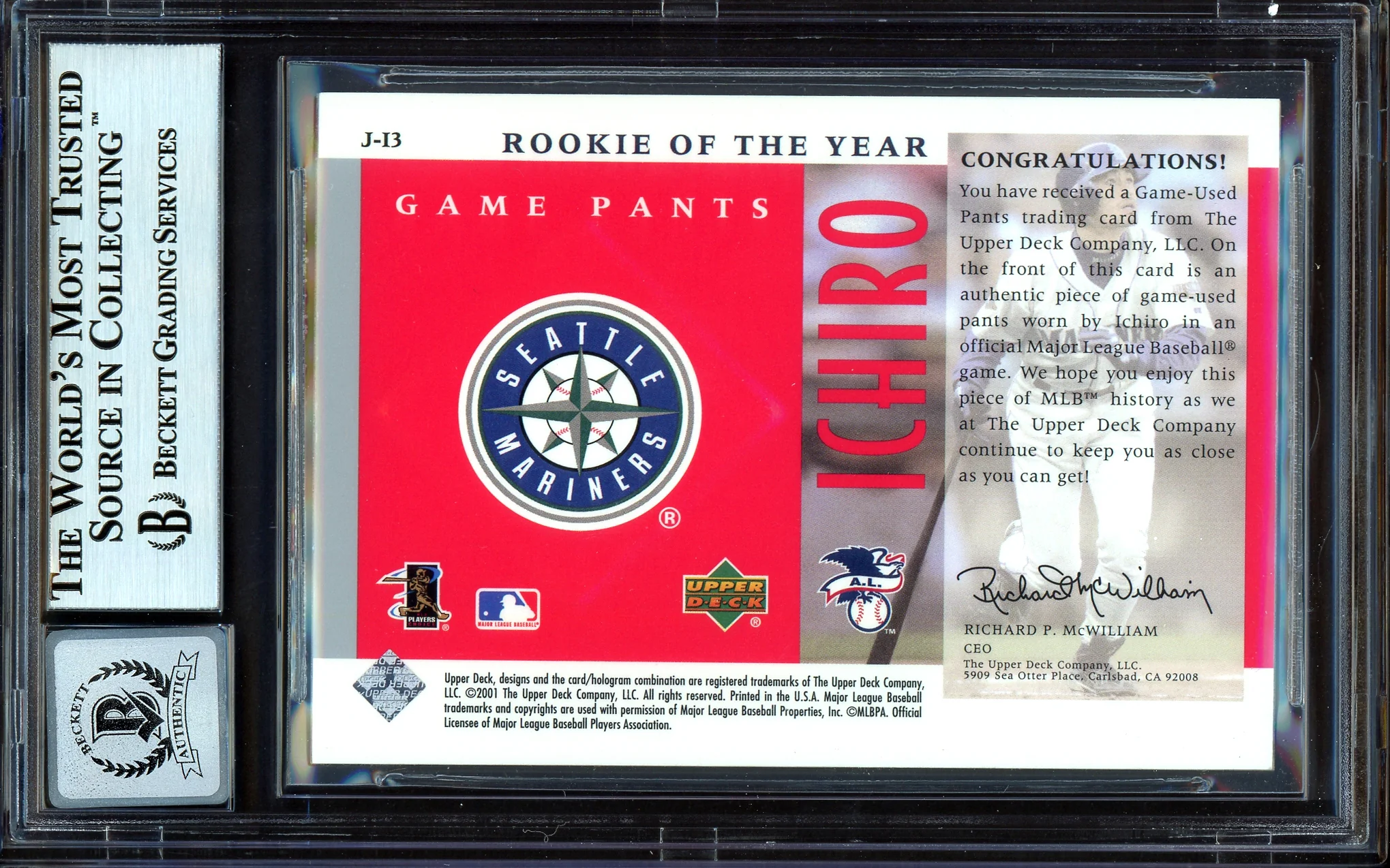 Ichiro Suzuki Autographed 2001 UD Game Used Jersey Card #J-13 Seattle Mariners Auto Grade Gem Mint 10 #10/100 Beckett BAS #13605078 - Image 2