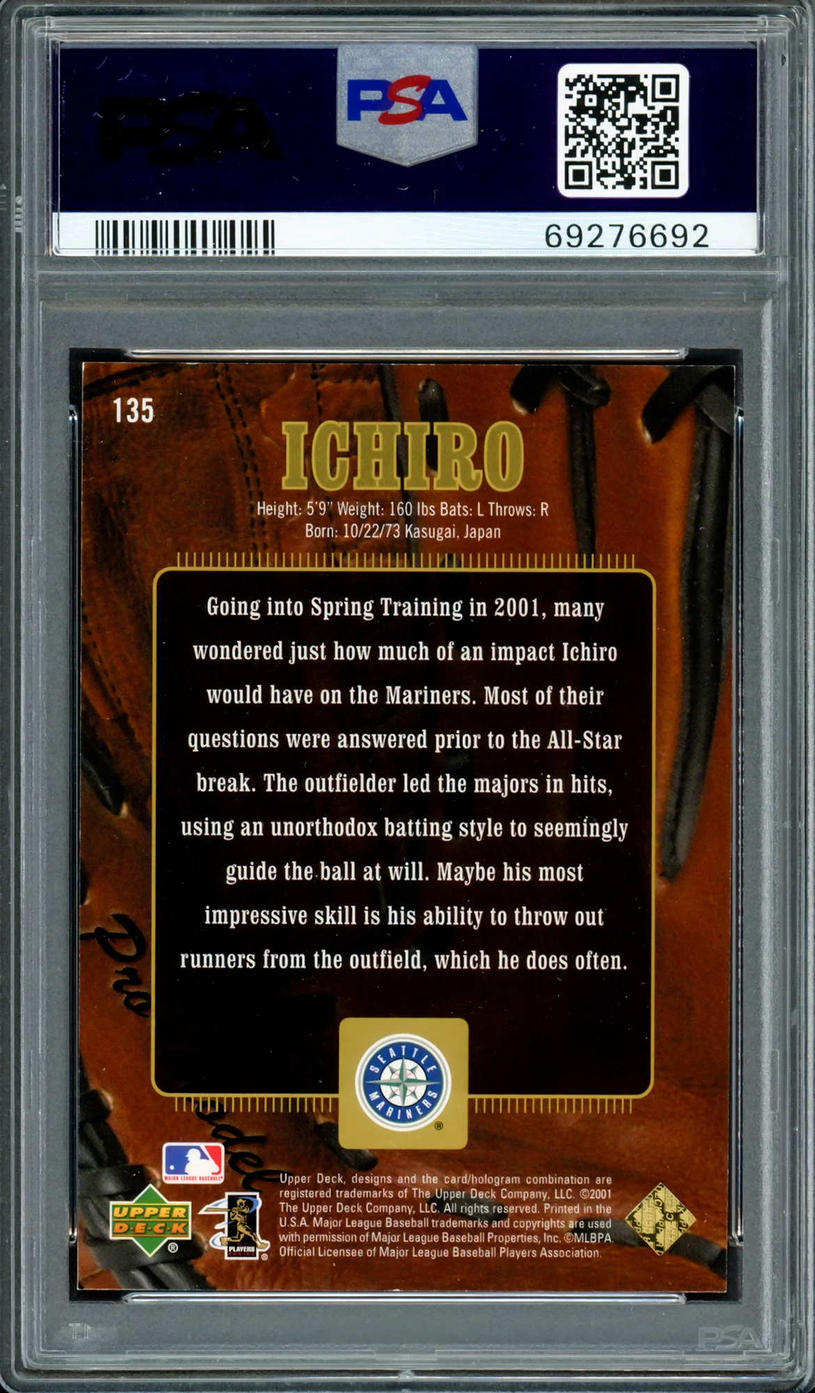 Ichiro Suzuki Autographed 2001 UD Gold Glove Rookie Card #135 Seattle Mariners PSA 8 Auto Grade Gem Mint 10 "01 ROY/MVP" #265/500 PSA/DNA #69276692 - Image 2