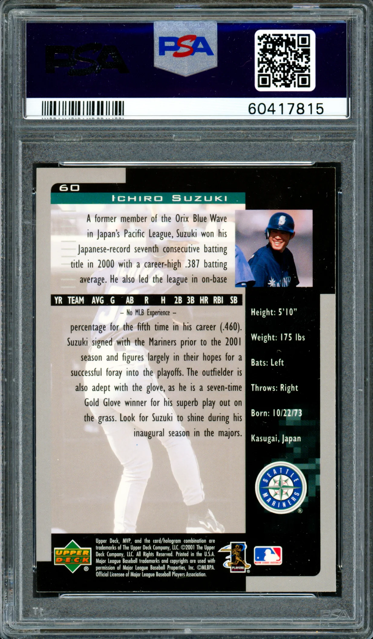 Ichiro Suzuki Autographed 2001 UD MVP Blue Rookie Card #60 Seattle Mariners PSA 9 Auto Grade Gem Mint 10 PSA/DNA #60417815 - Image 2