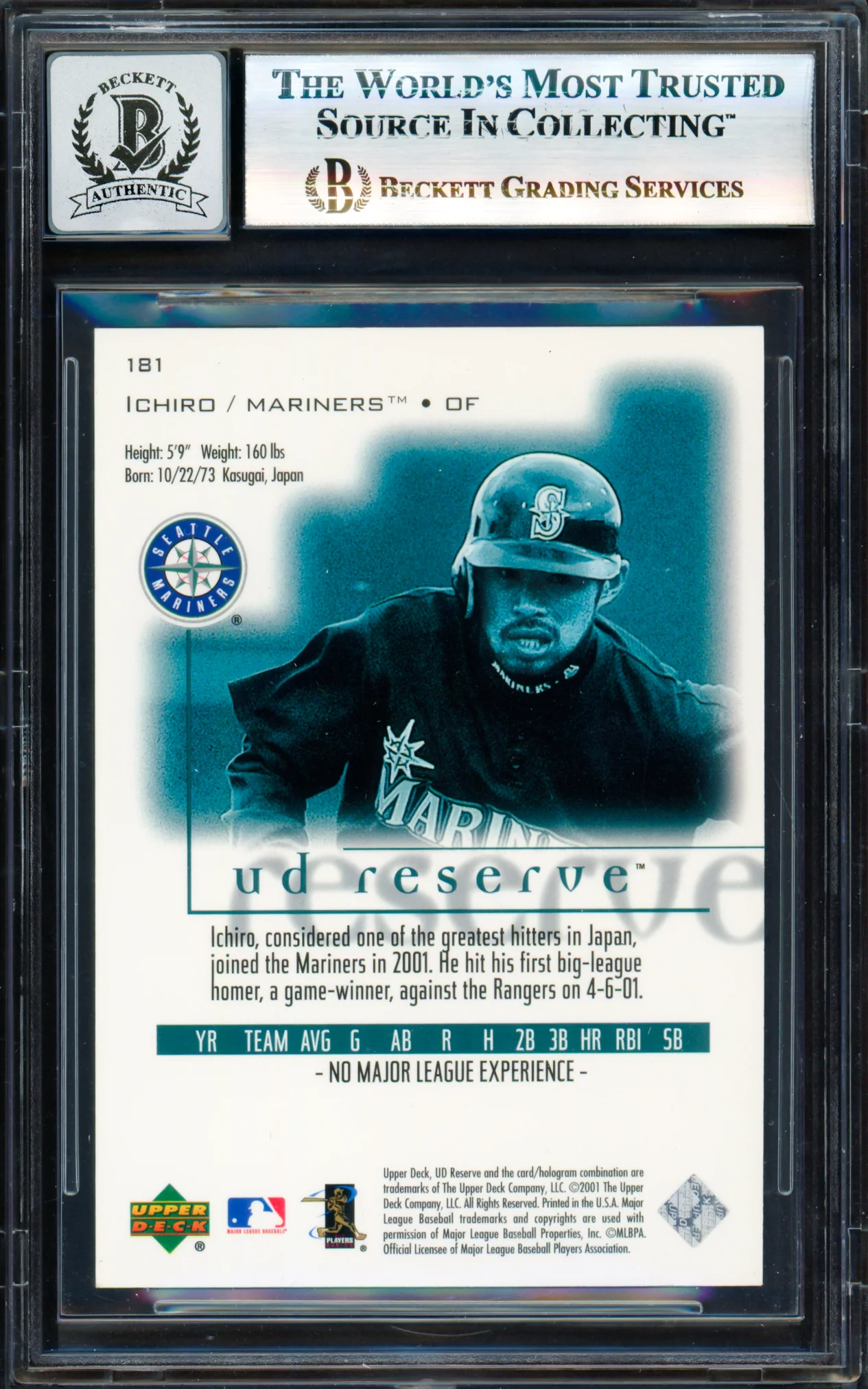 Ichiro Suzuki Autographed 2001 UD Reserve Rookie Card #181 Seattle Mariners Auto Grade Gem Mint 10 Beckett BAS #17830083 - Image 2