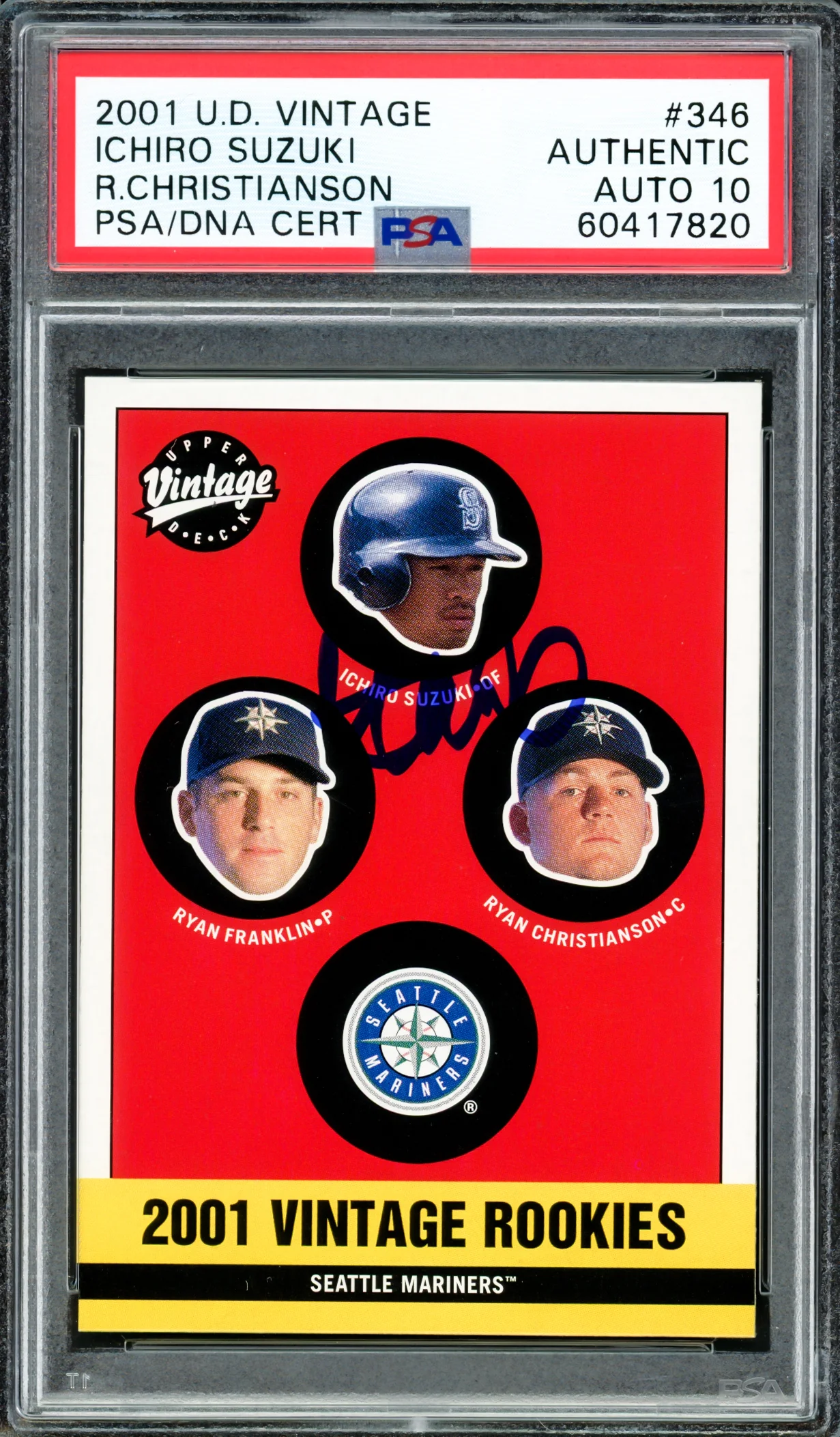 Ichiro Suzuki Autographed 2001 UD Vintage Rookie Card #346 Seattle Mariners Auto Grade Gem Mint 10 PSA/DNA #60417820