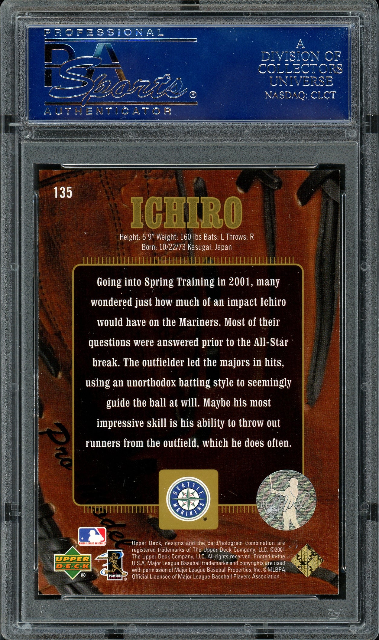 Ichiro Suzuki Autographed 2001 Upper Deck Gold Glove Rookie Card #135 Seattle Mariners #66/500 PSA/DNA #83134302 - Image 2