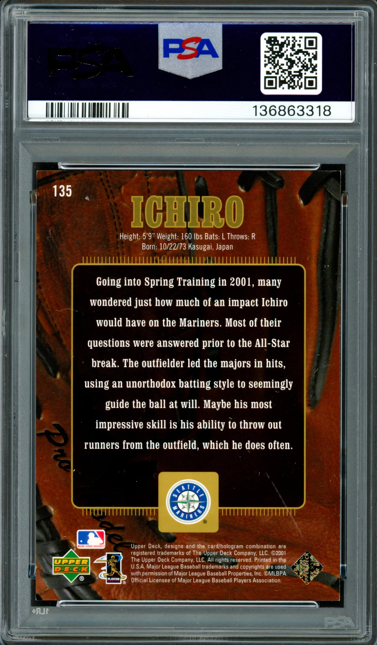 Ichiro Suzuki Autographed 2001 Upper Deck Gold Glove Rookie Card #135 Seattle Mariners PSA 7 Auto Grade Gem Mint 10 "HOF 25" #304/500 PSA/DNA #136863318 - Image 2