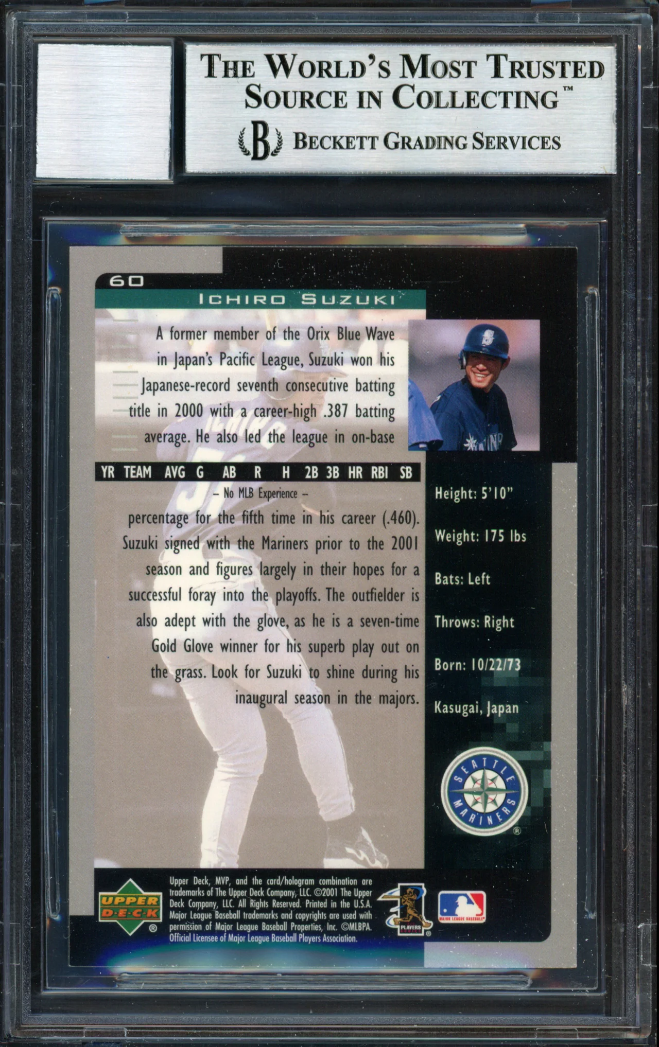 Ichiro Suzuki Autographed 2001 Upper Deck MVP Rookie Card #60 Seattle Mariners Auto Grade 10 Beckett BAS Stock #182375 - Image 2