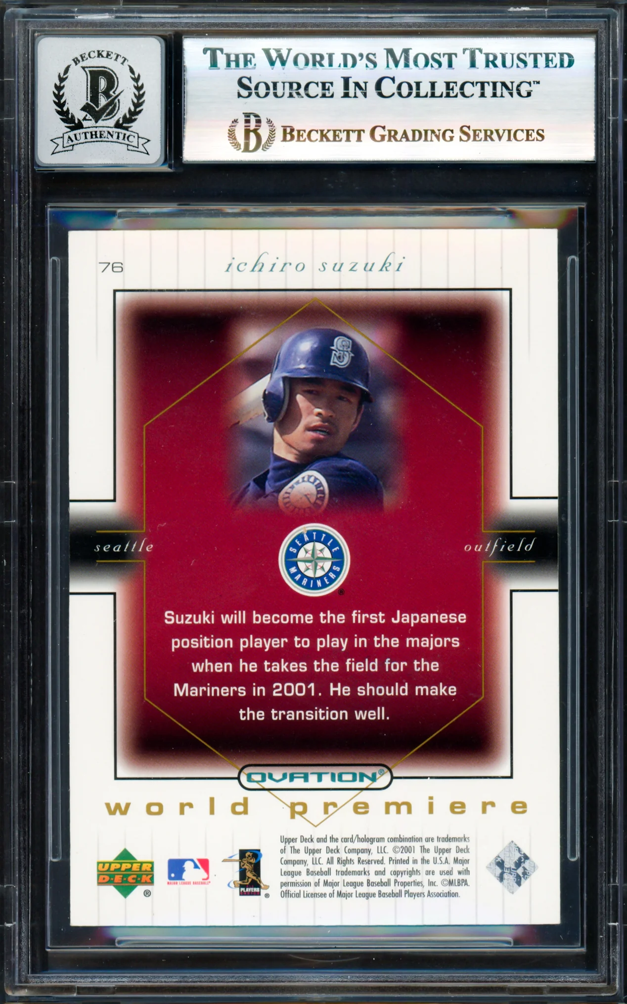 Ichiro Suzuki Autographed 2001 Upper Deck Ovation Rookie Card #76 Seattle Mariners Auto Grade Gem Mint 10 Beckett BAS #17830082 - Image 2