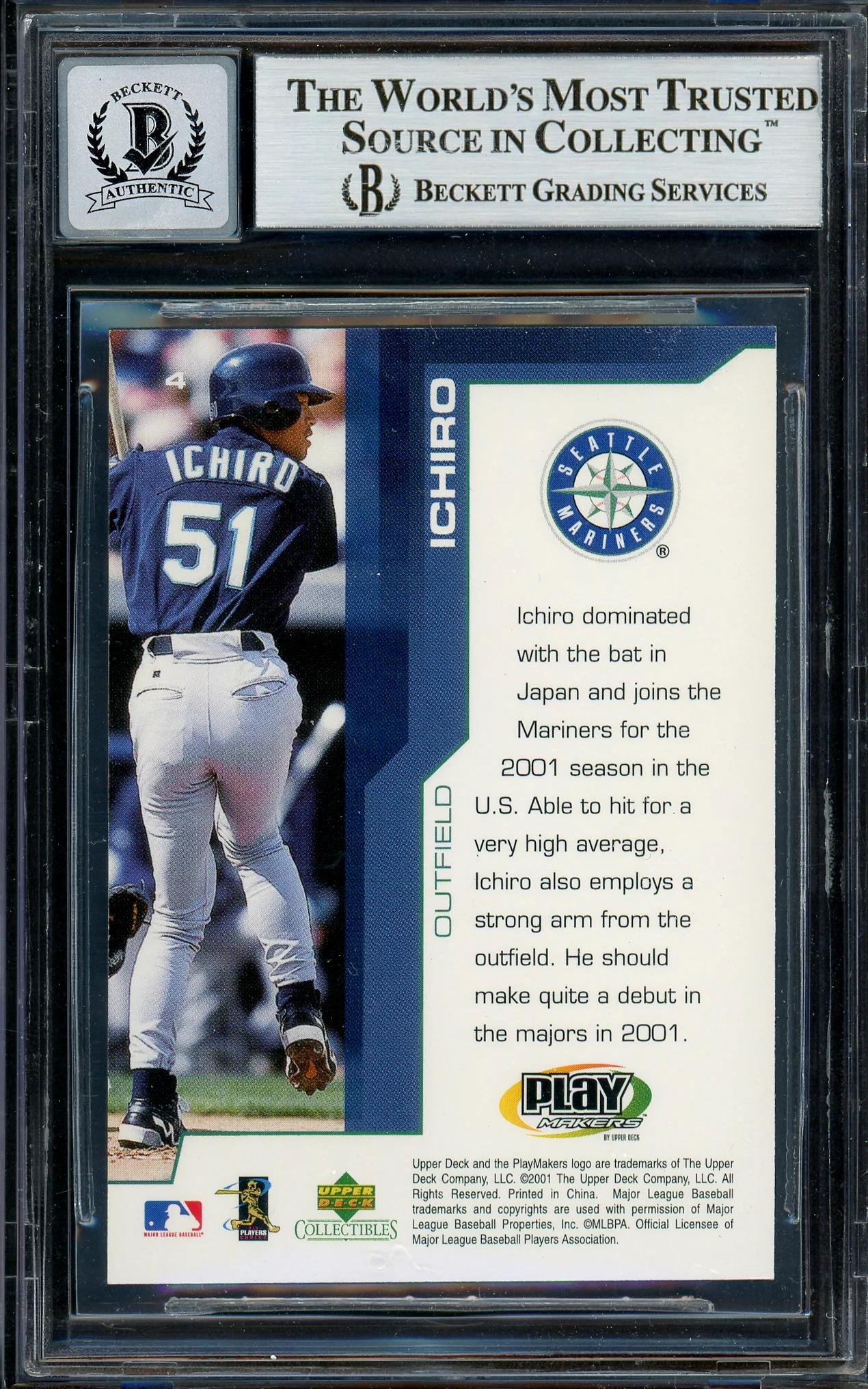 Ichiro Suzuki Autographed 2001 Upper Deck Play Makers Rookie Card #4 Seattle Mariners Auto Grade Gem Mint 10 Beckett BAS #13018544 - Image 2