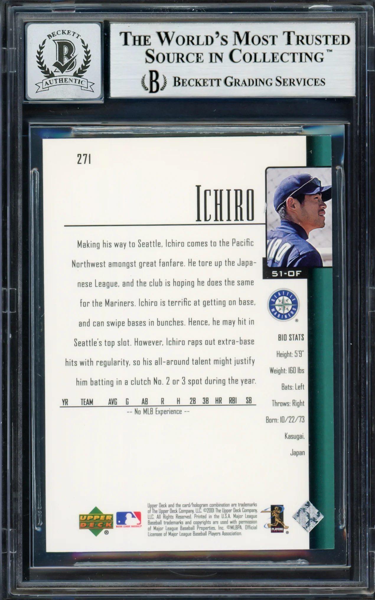 Ichiro Suzuki Autographed 2001 Upper Deck Rookie Card #271 Seattle Mariners Auto Grade Gem Mint 10 (Chipped Bottom) Beckett BAS #14129272 - Image 2