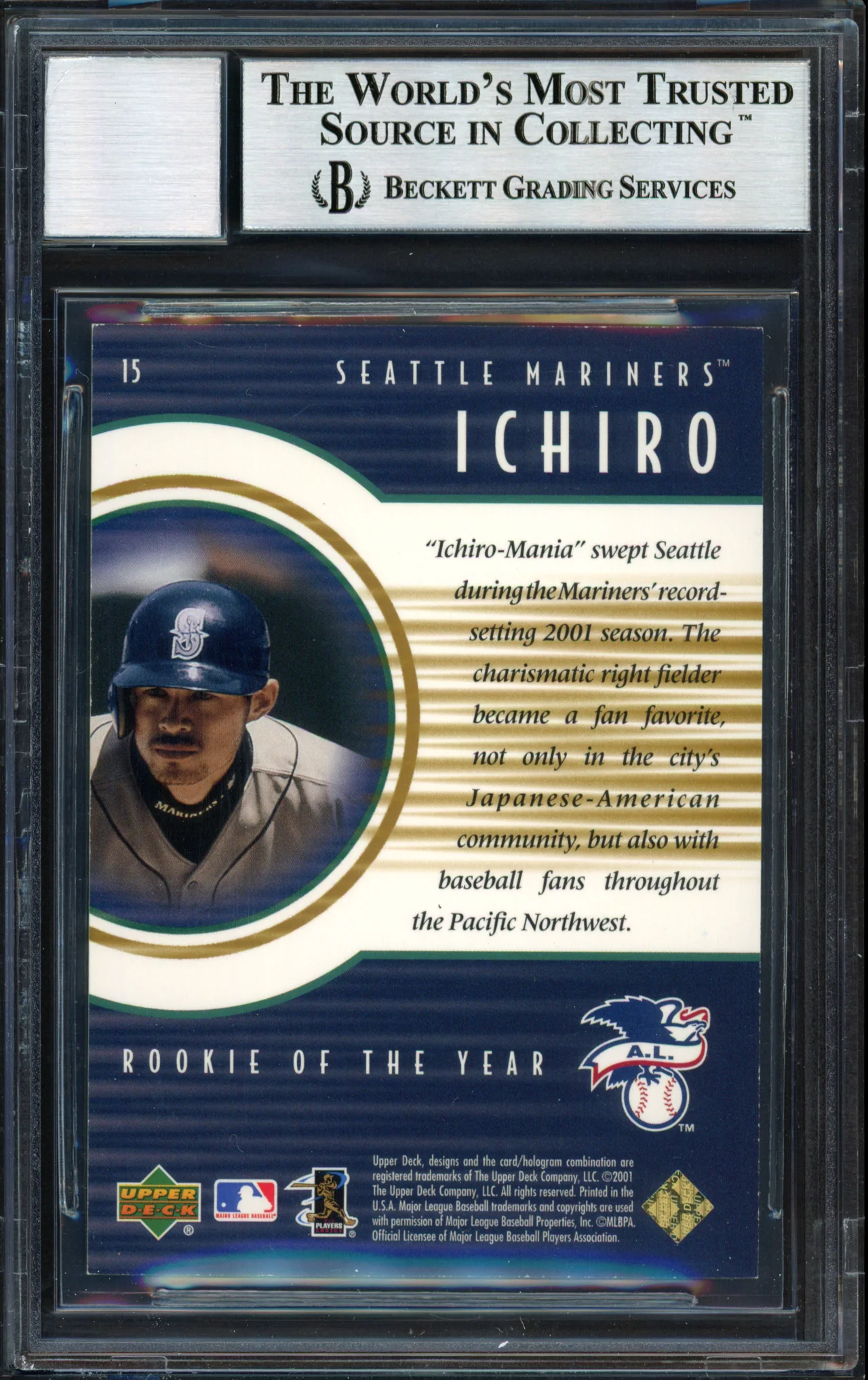 Ichiro Suzuki Autographed 2001 Upper Deck Rookie Update Gold Rookie Card #15 Seattle Mariners #7/100 Auto Grade 10 Beckett BAS #12490912 - Image 2