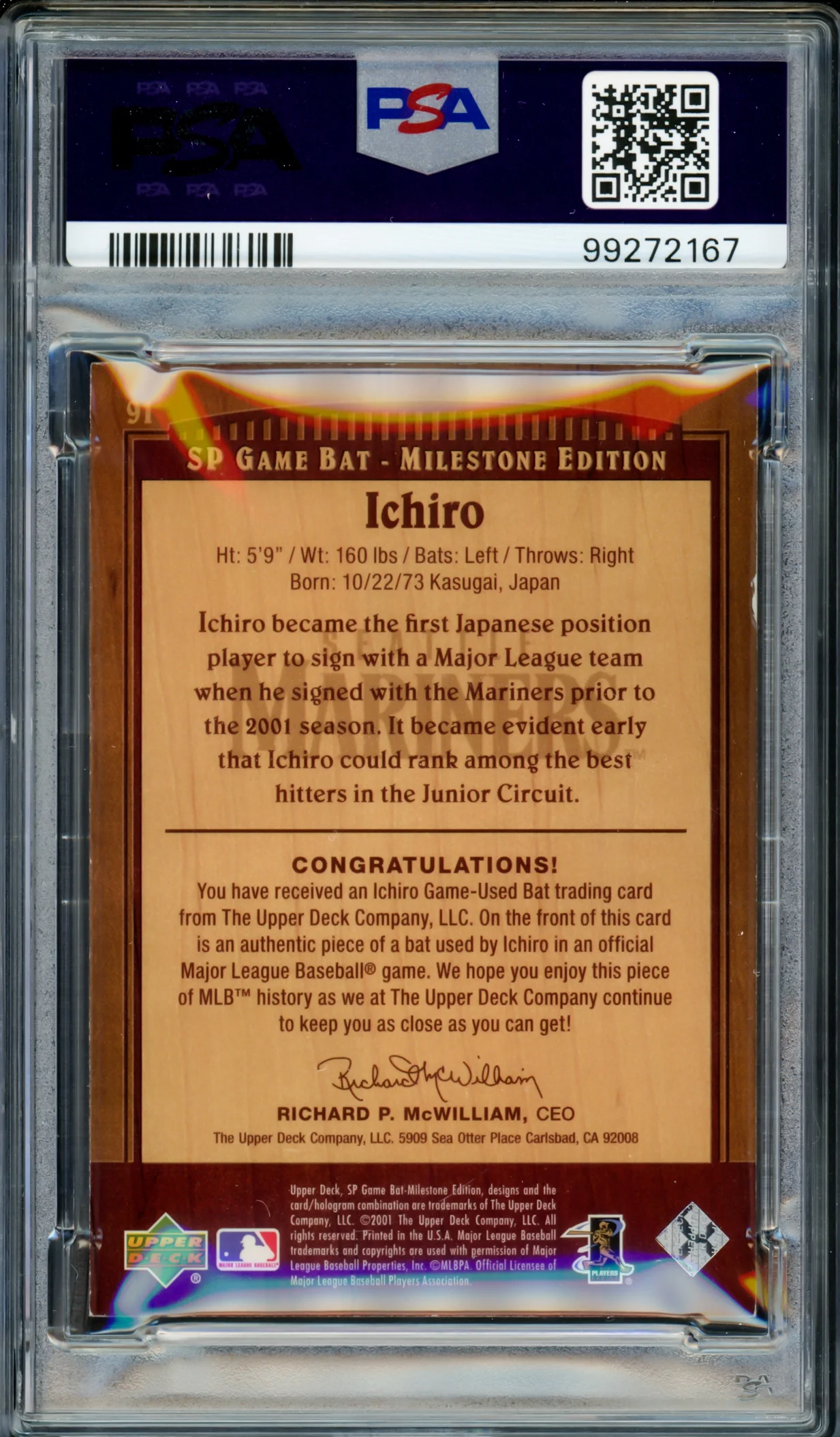 Ichiro Suzuki Autographed 2001 Upper Deck SP Rookie Card #91 Seattle Mariners Auto Grade Gem Mint 10 "01 ROY/MVP" Game Used Bat #7/500 PSA/DNA #99272167 - Image 2