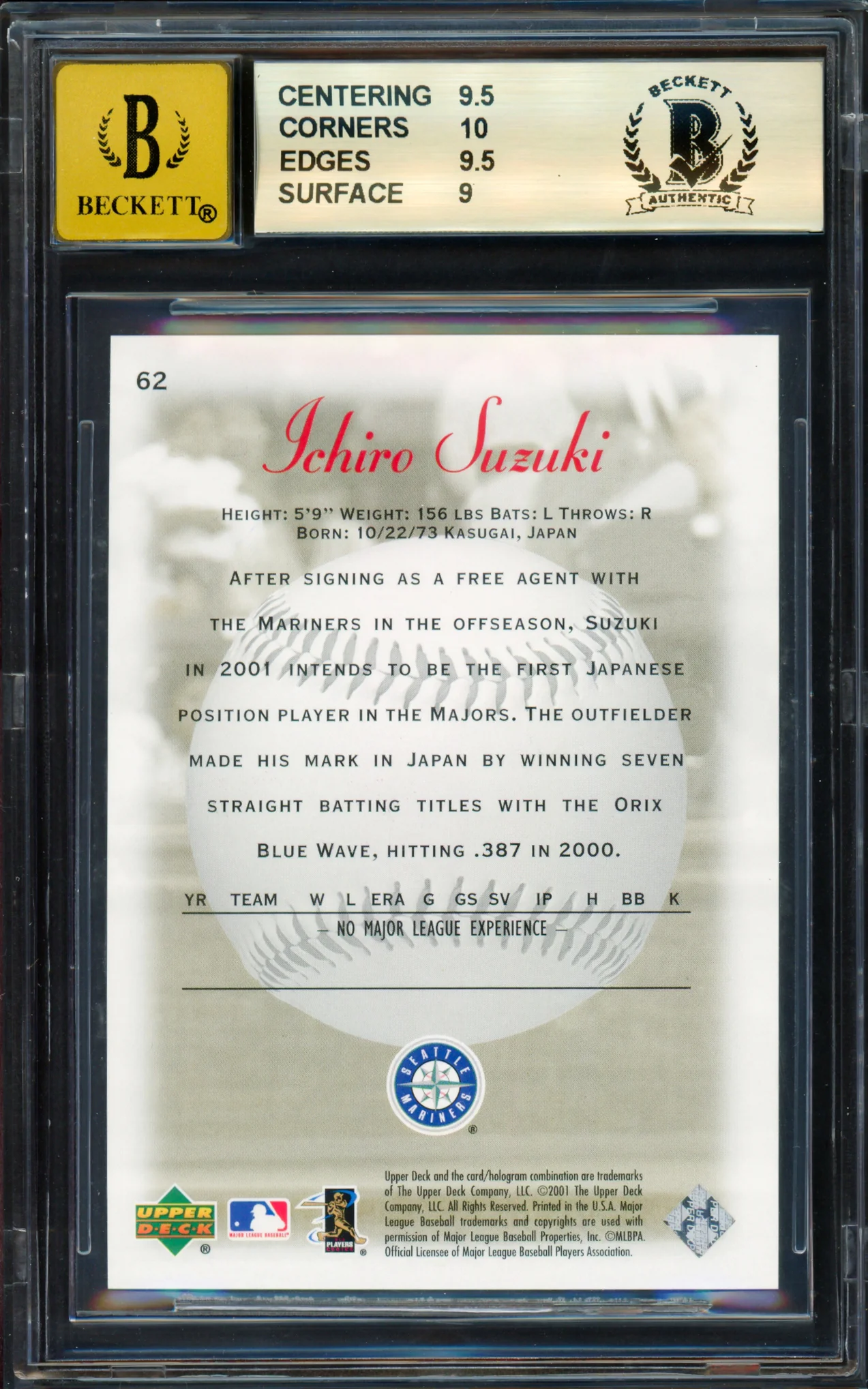 Ichiro Suzuki Autographed 2001 Upper Deck Sweet Spot Rookie Card #62 Seattle Mariners BGS 9.5 Auto Grade Gem Mint 10 "HOF 25" Beckett BAS #18955117 - Image 2