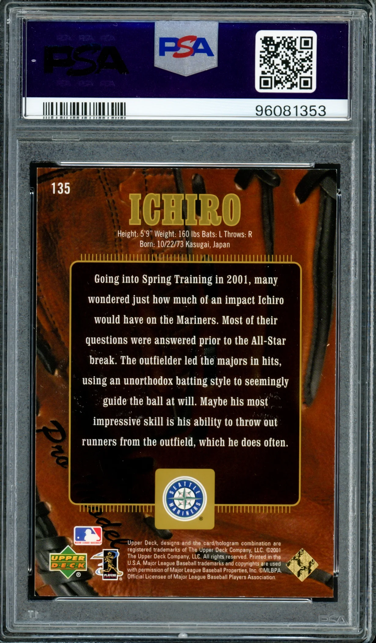 Ichiro Suzuki Autographed 2001 Upper Deck UD Gold Glove Limited Rookie Card #135 Seattle Mariners PSA 8 Auto Grade Gem Mint 10 #7/100 PSA/DNA #96081353 - Image 2
