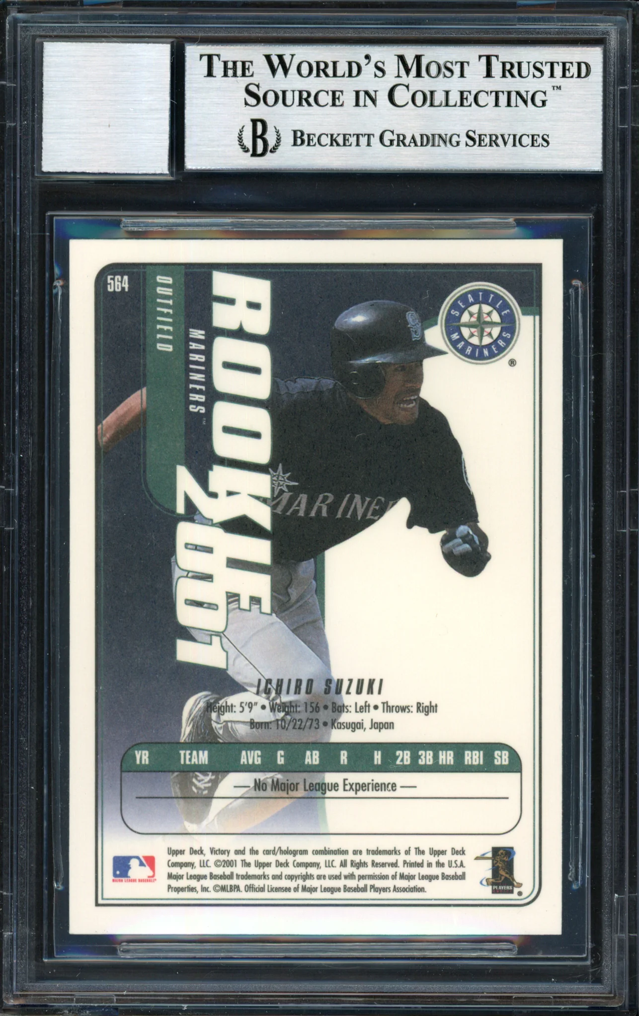Ichiro Suzuki Autographed 2001 Upper Deck Victory Rookie Card #564 Seattle Mariners Auto Grade 10 Beckett BAS Stock #182396 - Image 2