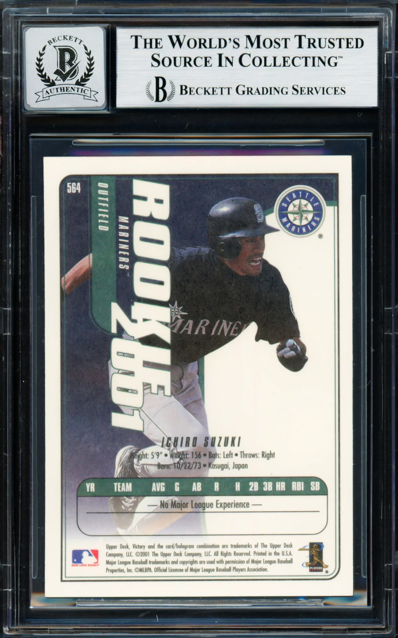 Ichiro Suzuki Autographed 2001 Upper Deck Victory Rookie Card #564 Seattle Mariners Auto Grade Gem Mint 10 Beckett BAS #18283142 - Image 2