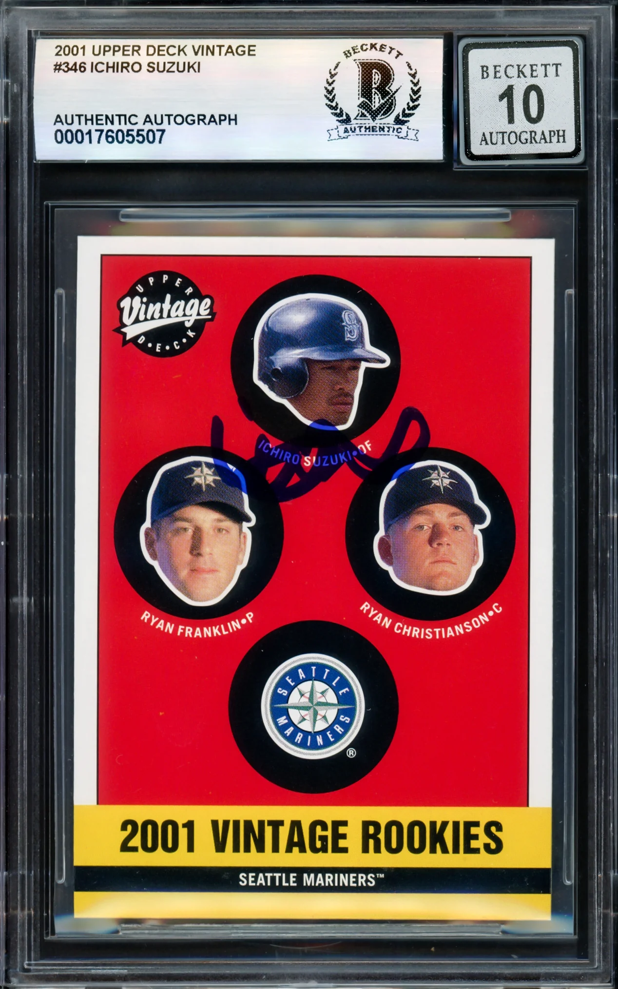 Ichiro Suzuki Autographed 2001 Upper Deck Vintage Rookie Card #346 Seattle Mariners Auto Grade Gem Mint 10 Beckett BAS Stock #238927
