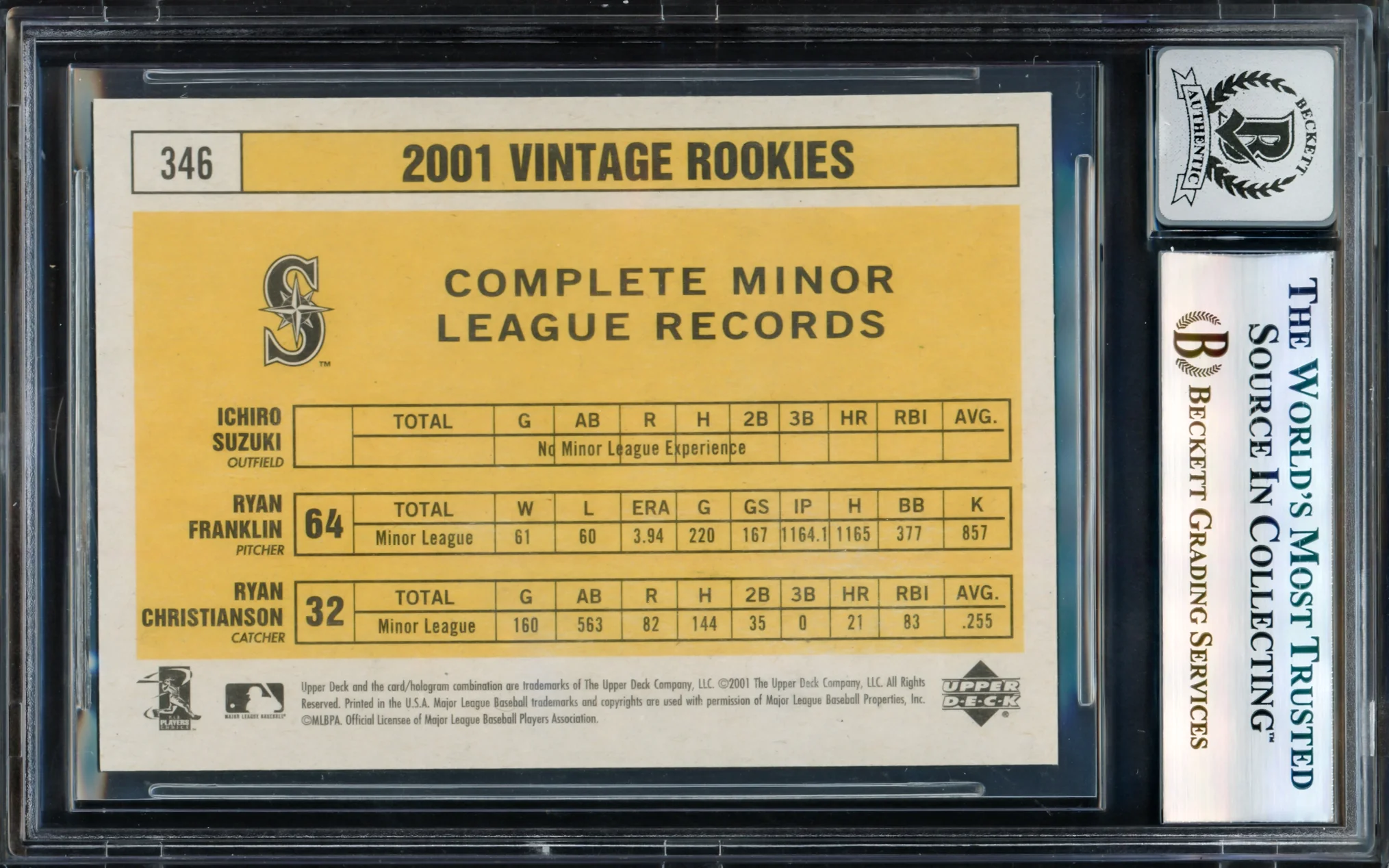Ichiro Suzuki Autographed 2001 Upper Deck Vintage Rookie Card #346 Seattle Mariners Auto Grade Gem Mint 10 Beckett BAS Stock #238927 - Image 2