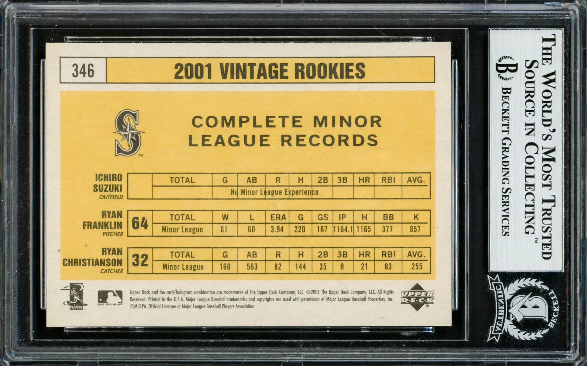 Ichiro Suzuki Autographed 2001 Upper Deck Vintage Rookie Card #346 Seattle Mariners Beckett BAS Stock #220245 - Image 2