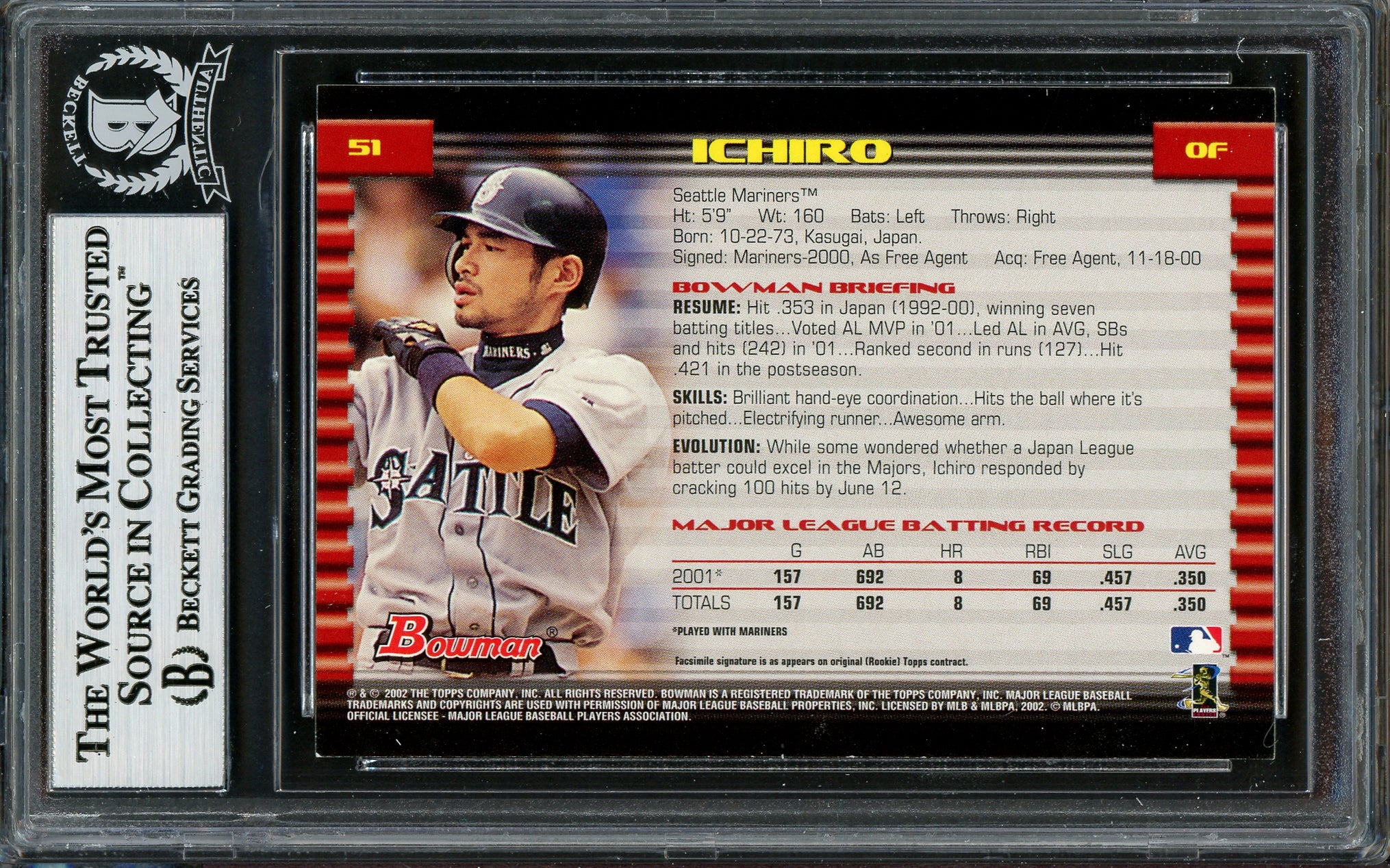 Ichiro Suzuki Autographed 2002 Bowman Card #51 Seattle Mariners Beckett BAS Stock #194207 - Image 2