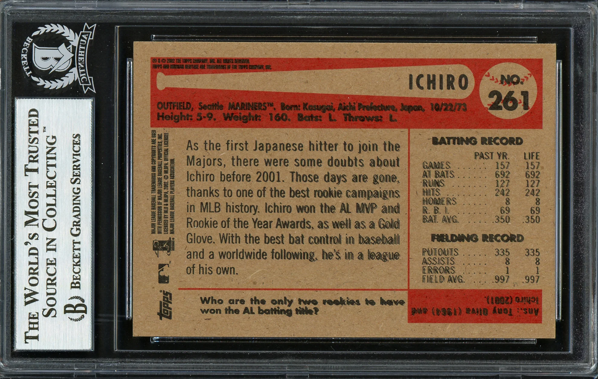 Ichiro Suzuki Autographed 2002 Bowman Heritage Black Box Card #261 Seattle Mariners Beckett BAS #12668340 - Image 2