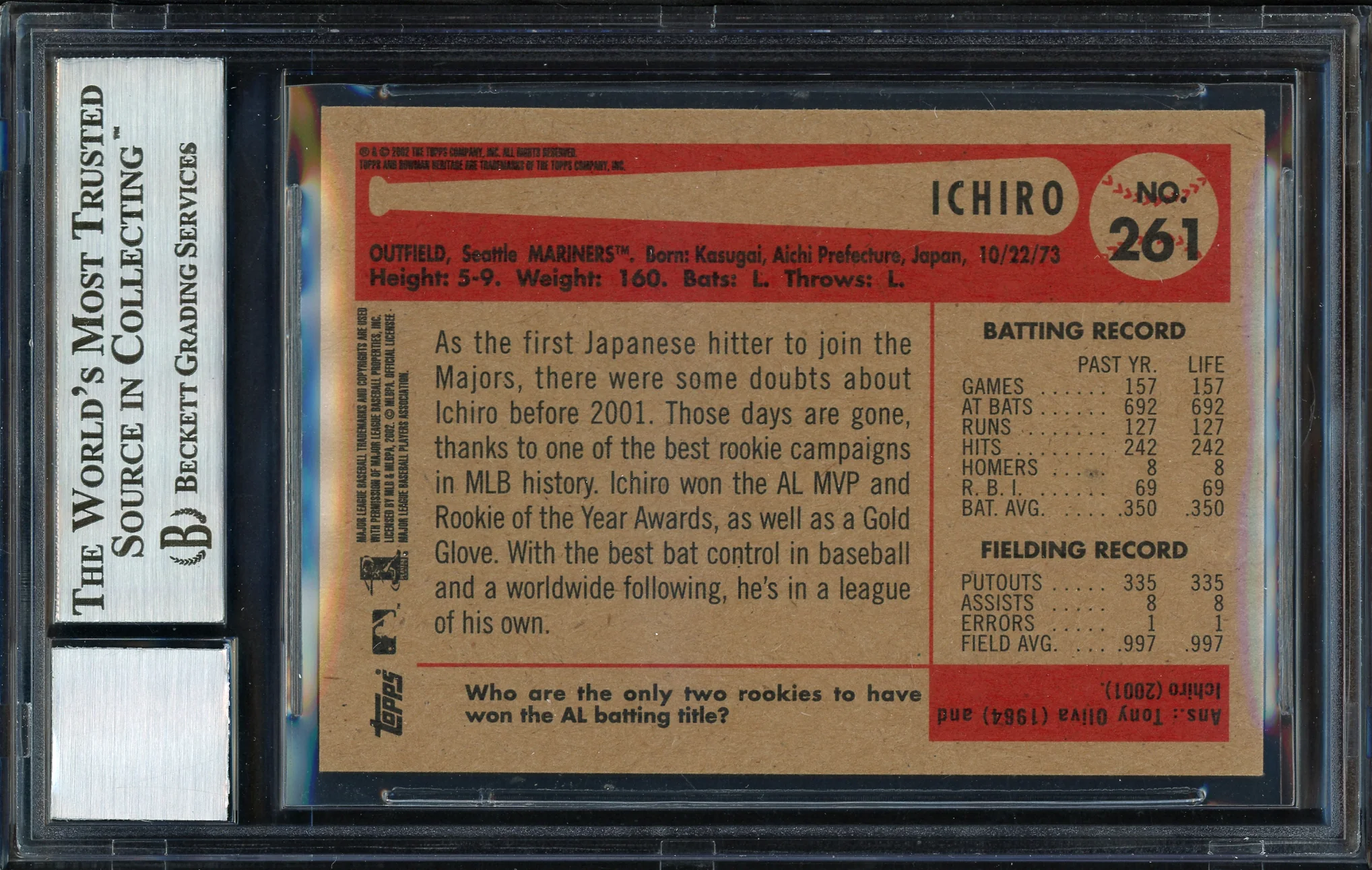 Ichiro Suzuki Autographed 2002 Bowman Heritage Card #261 Seattle Mariners Auto Grade 10 Beckett BAS Stock #189823 - Image 2