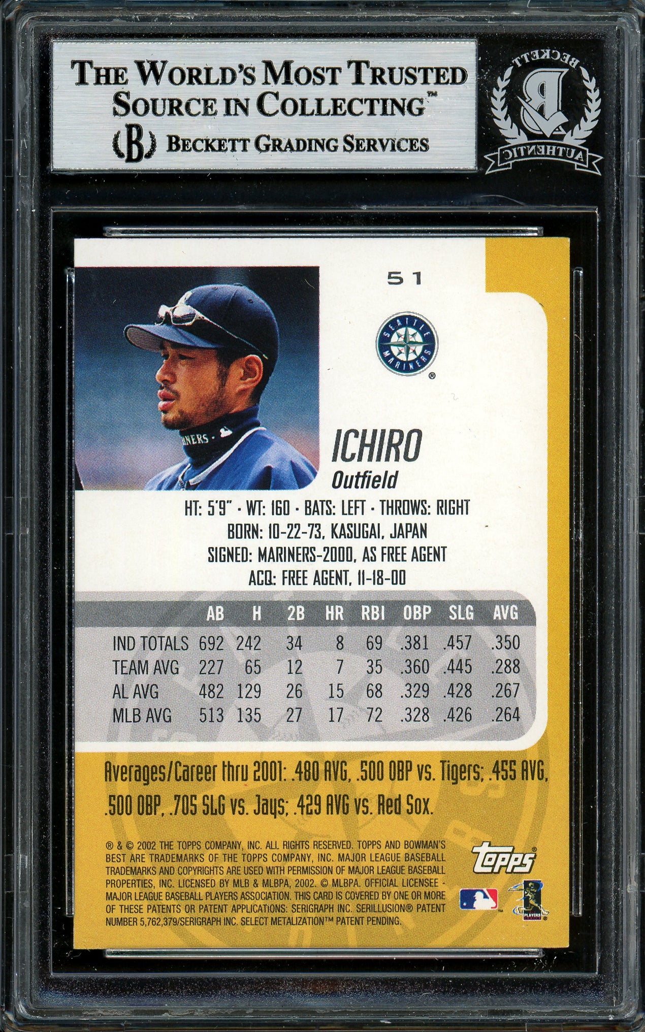 Ichiro Suzuki Autographed 2002 Bowman's Best Card #51 Seattle Mariners Beckett BAS #12785454 - Image 2