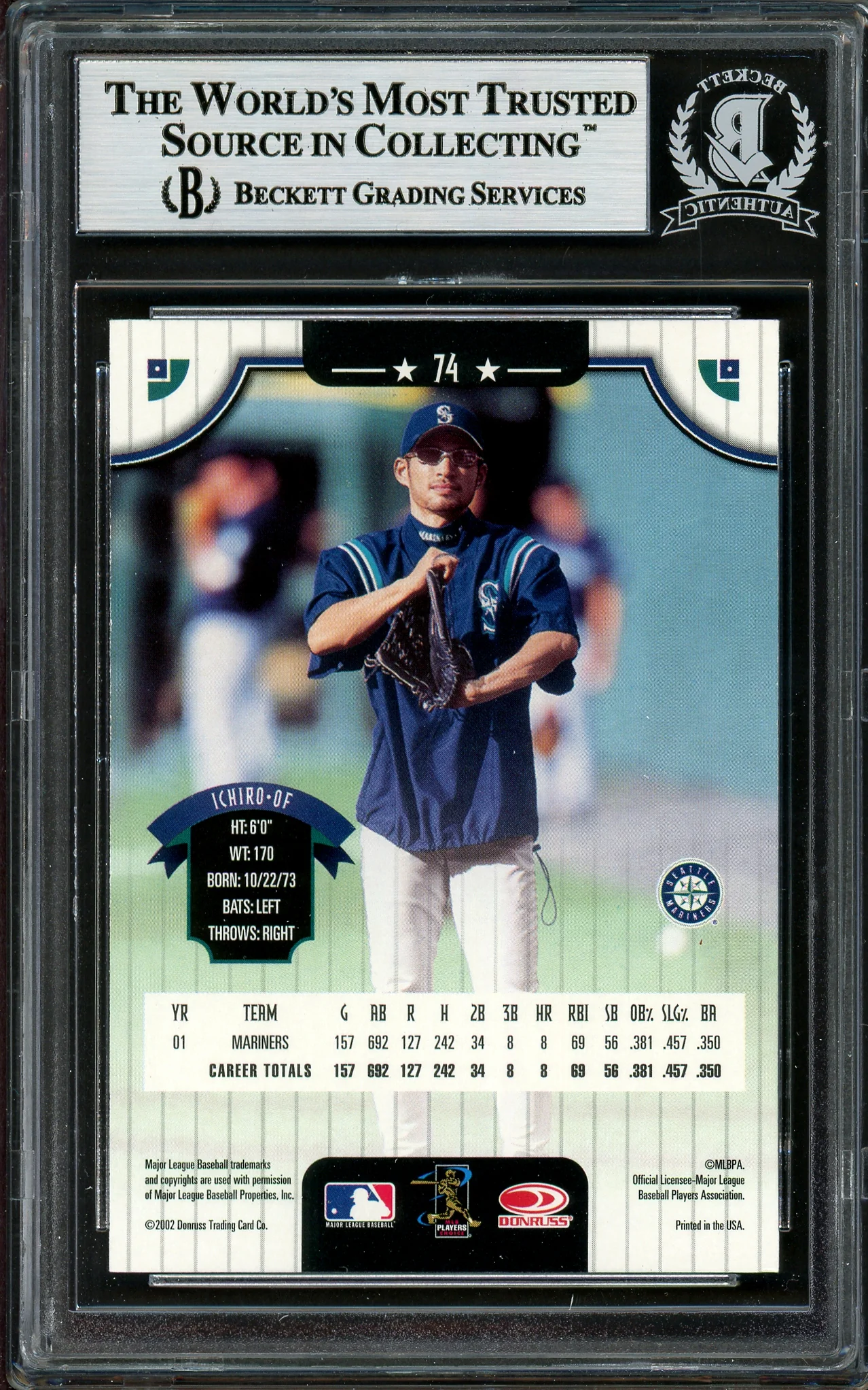 Ichiro Suzuki Autographed 2002 Donruss Card #74 Seattle Mariners Beckett BAS Stock #194217 - Image 2