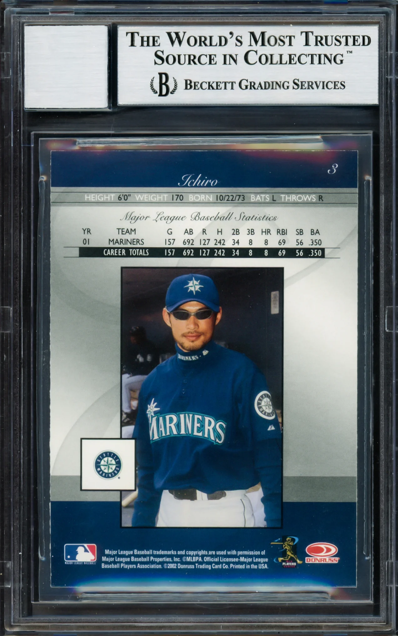 Ichiro Suzuki Autographed 2002 Donruss Elite Card #3 Seattle Mariners Auto Grade Gem Mint 10 Beckett BAS Stock #220247 - Image 2