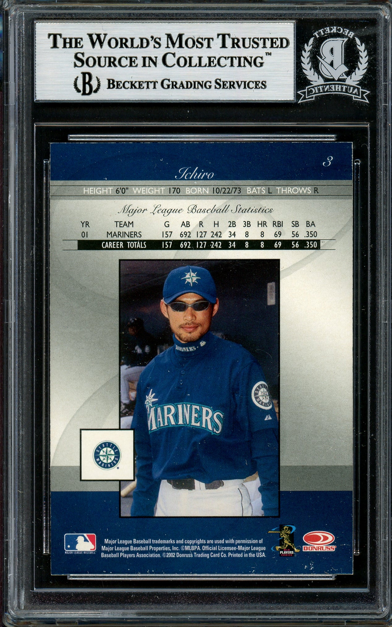 Ichiro Suzuki Autographed 2002 Donruss Elite Card #3 Seattle Mariners Beckett BAS Stock #194195 - Image 2