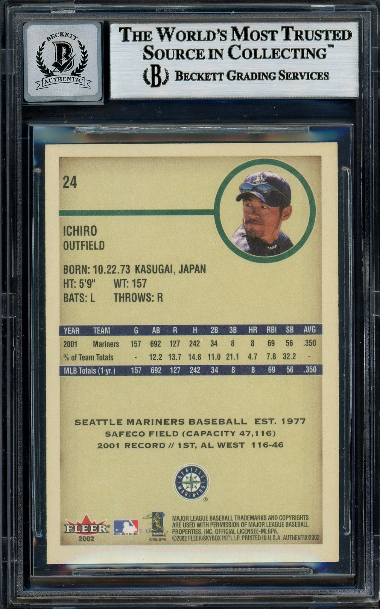 Ichiro Suzuki Autographed 2002 Fleer Authentix Card #24 Seattle Mariners Auto Grade Gem Mint 10 Beckett BAS #12786179 - Image 2