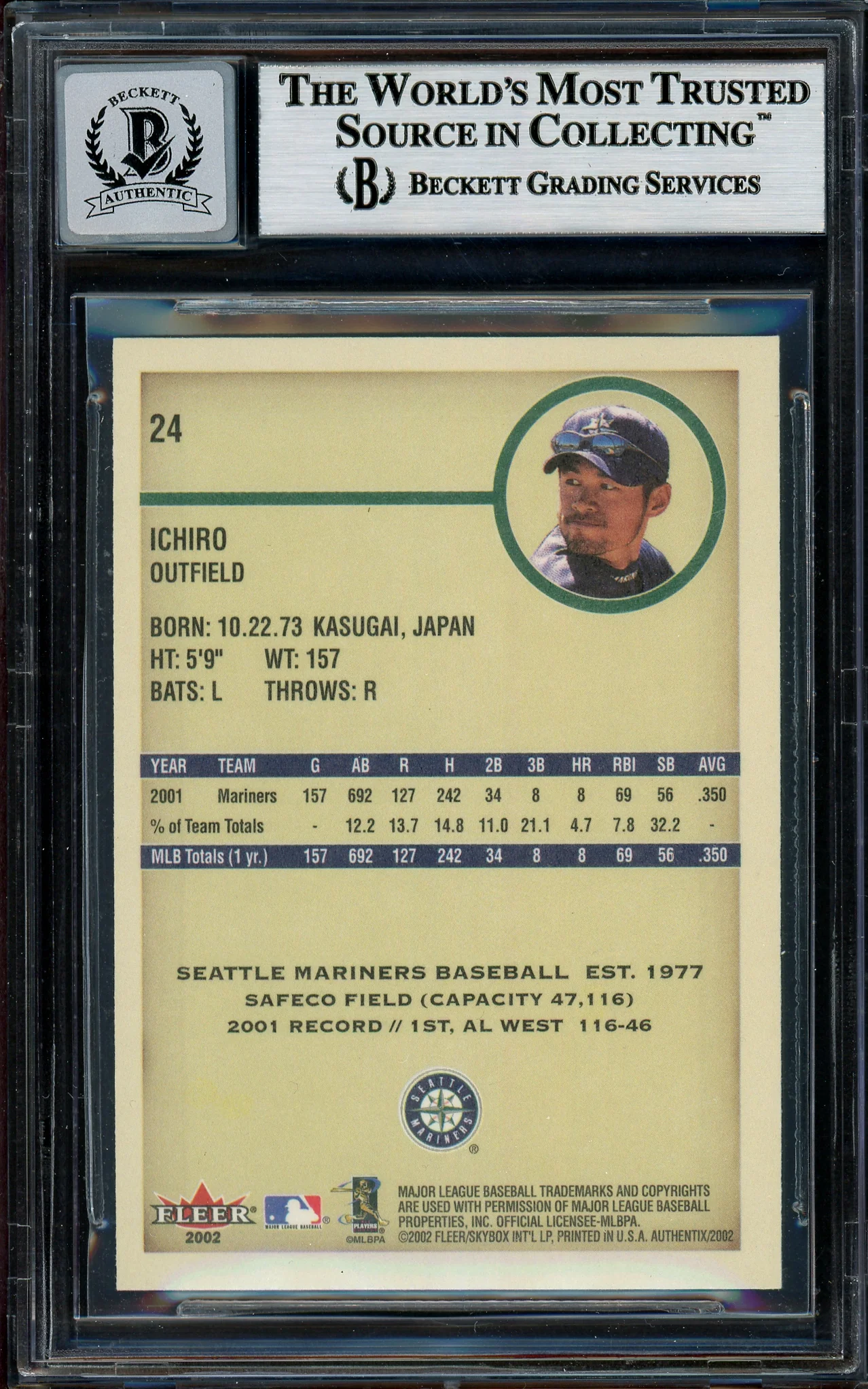 Ichiro Suzuki Autographed 2002 Fleer Authentix Card #24 Seattle Mariners Auto Grade Gem Mint 10 Beckett BAS #12786180 - Image 2