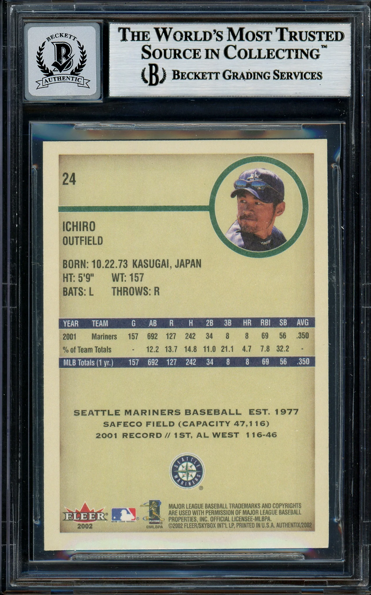 Ichiro Suzuki Autographed 2002 Fleer Authentix Card #24 Seattle Mariners Auto Grade Gem Mint 10 Beckett BAS #12786181 - Image 2