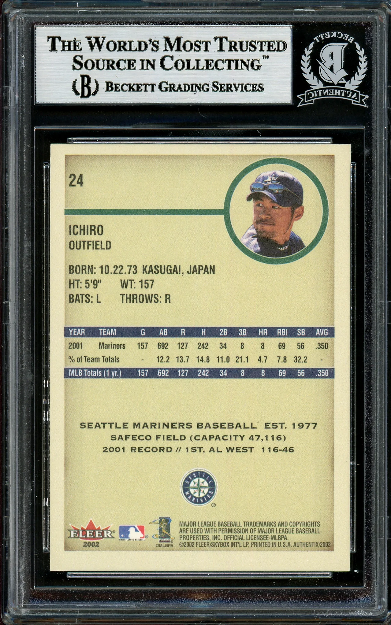 Ichiro Suzuki Autographed 2002 Fleer Authentix Card #24 Seattle Mariners Beckett BAS #12785344 - Image 2