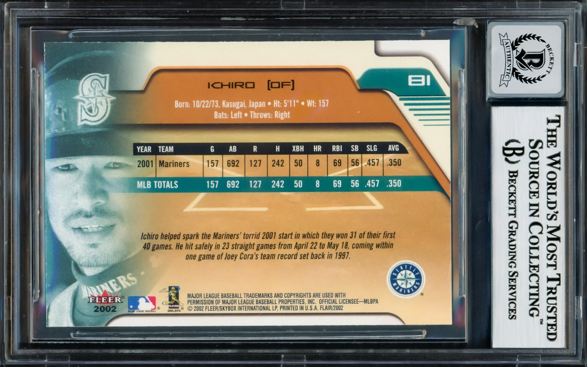 Ichiro Suzuki Autographed 2002 Fleer Flair Card #81 Seattle Mariners Auto Grade Gem Mint 10 Beckett BAS Stock #220249 - Image 2