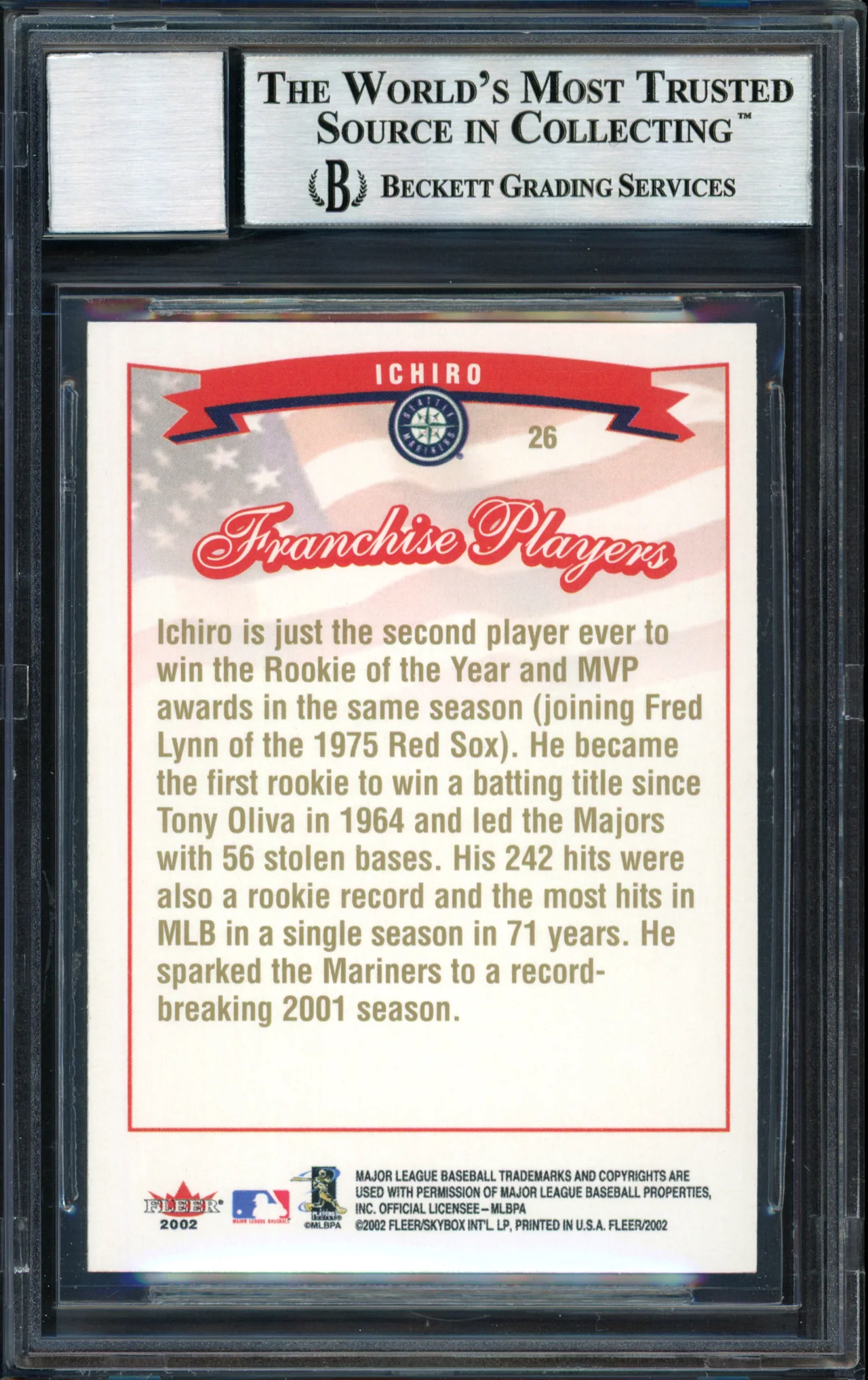Ichiro Suzuki Autographed 2002 Fleer Franchise Players Card #26 Seattle Mariners Auto Grade 10 Beckett BAS #12491068 - Image 2