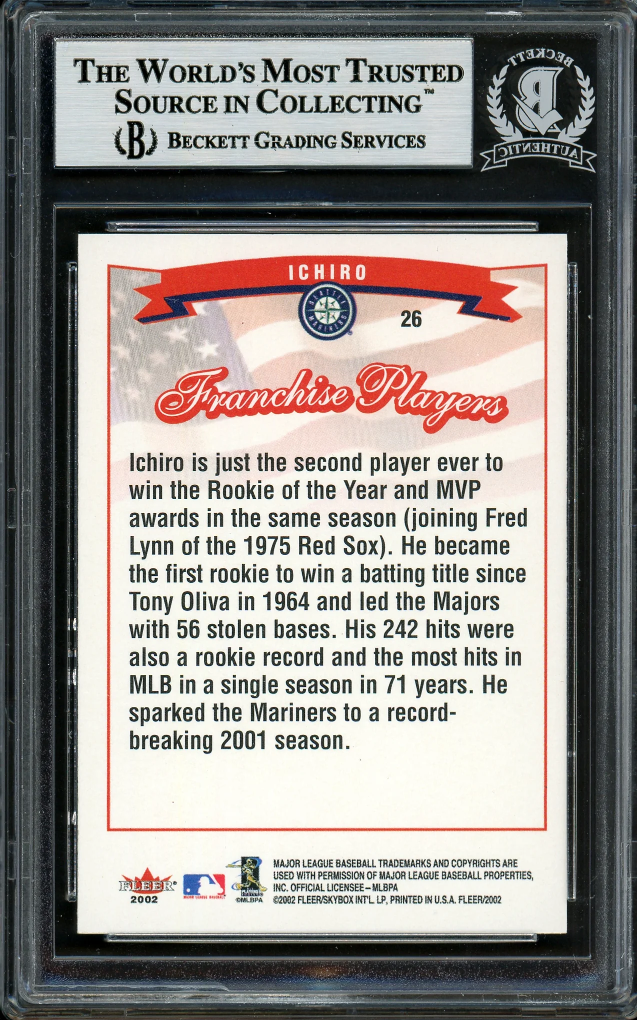 Ichiro Suzuki Autographed 2002 Fleer Franchise Players Card #26 Seattle Mariners Beckett BAS Stock #194202 - Image 2
