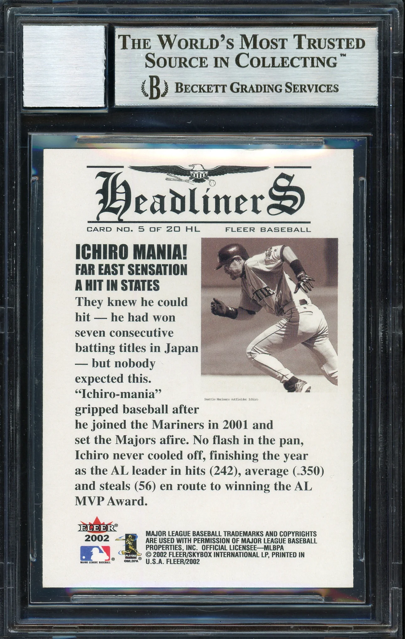 Ichiro Suzuki Autographed 2002 Fleer Headliners Card #5 Seattle Mariners Auto Grade 10 Beckett BAS Stock #189815 - Image 2