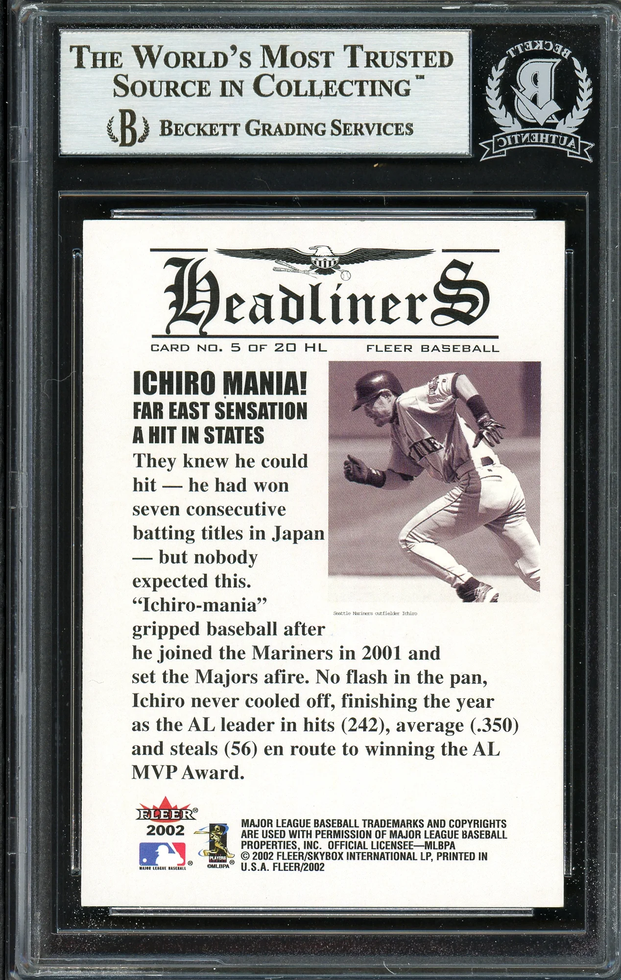 Ichiro Suzuki Autographed 2002 Fleer Headliners Card #5 Seattle Mariners Beckett BAS #12668205 - Image 2