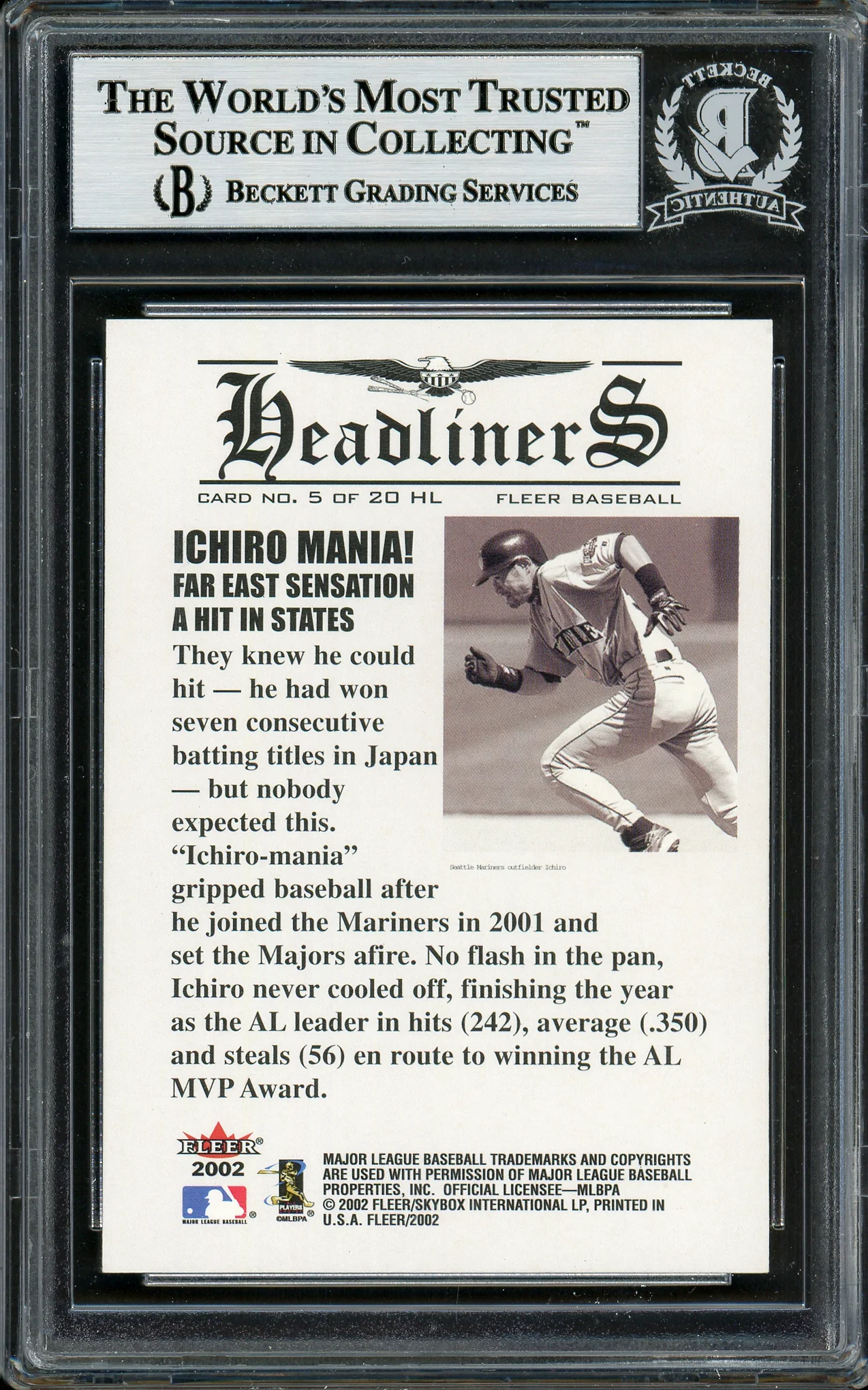 Ichiro Suzuki Autographed 2002 Fleer Headliners Card #5 Seattle Mariners Beckett BAS Stock #194186 - Image 2