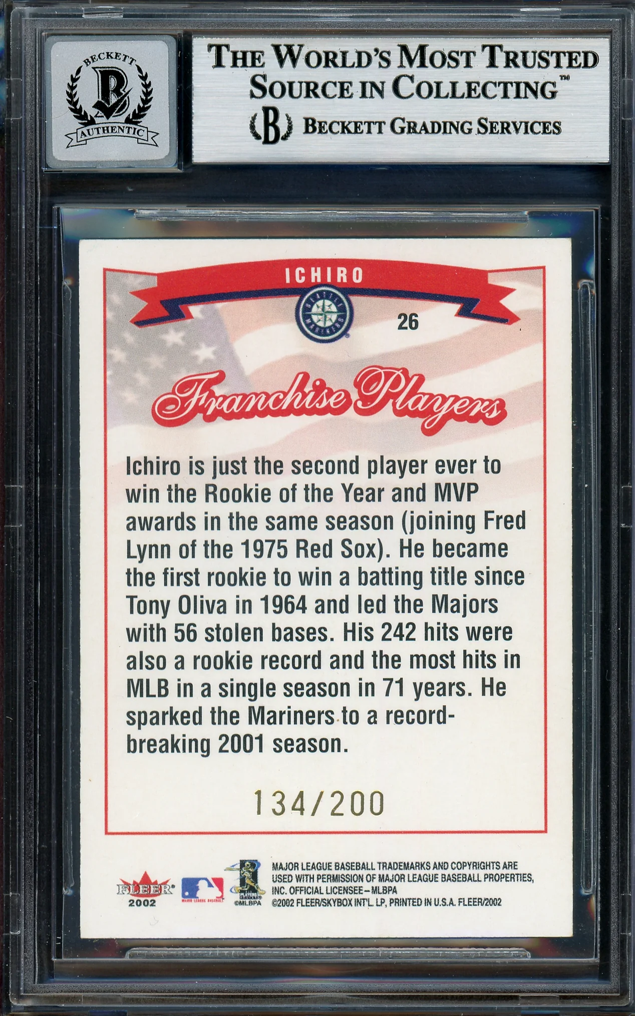 Ichiro Suzuki Autographed 2002 Fleer Tiffany Franchise Players Card #26 Seattle Mariners Auto Grade Gem Mint 10 #134/200 Beckett BAS #12786182 - Image 2