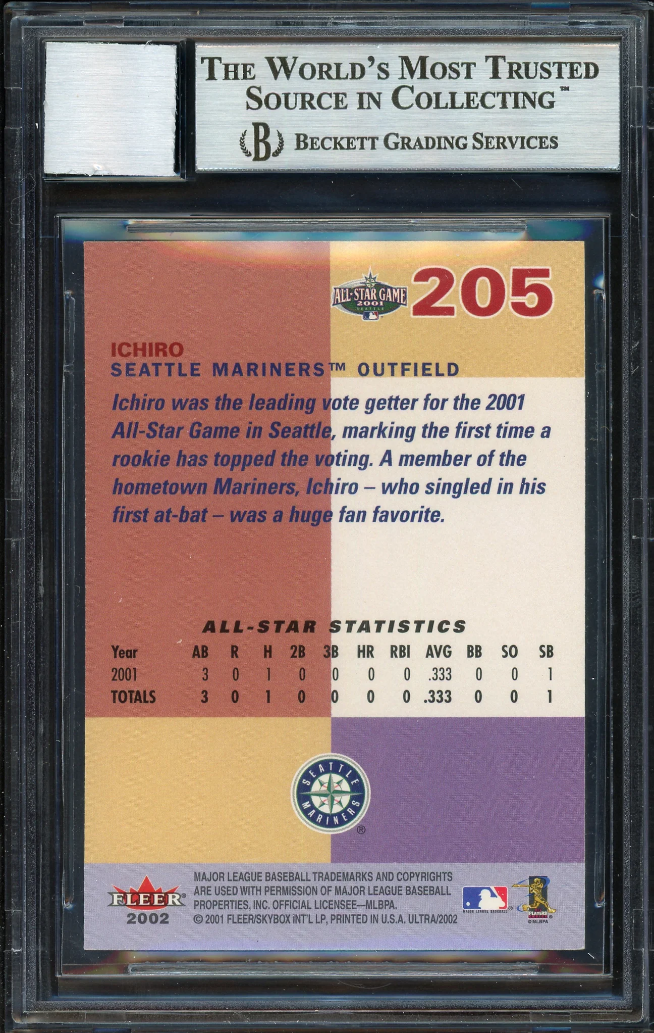 Ichiro Suzuki Autographed 2002 Fleer Ultra Card #205 Seattle Mariners Auto Grade 10 Beckett BAS Stock #189818 - Image 2