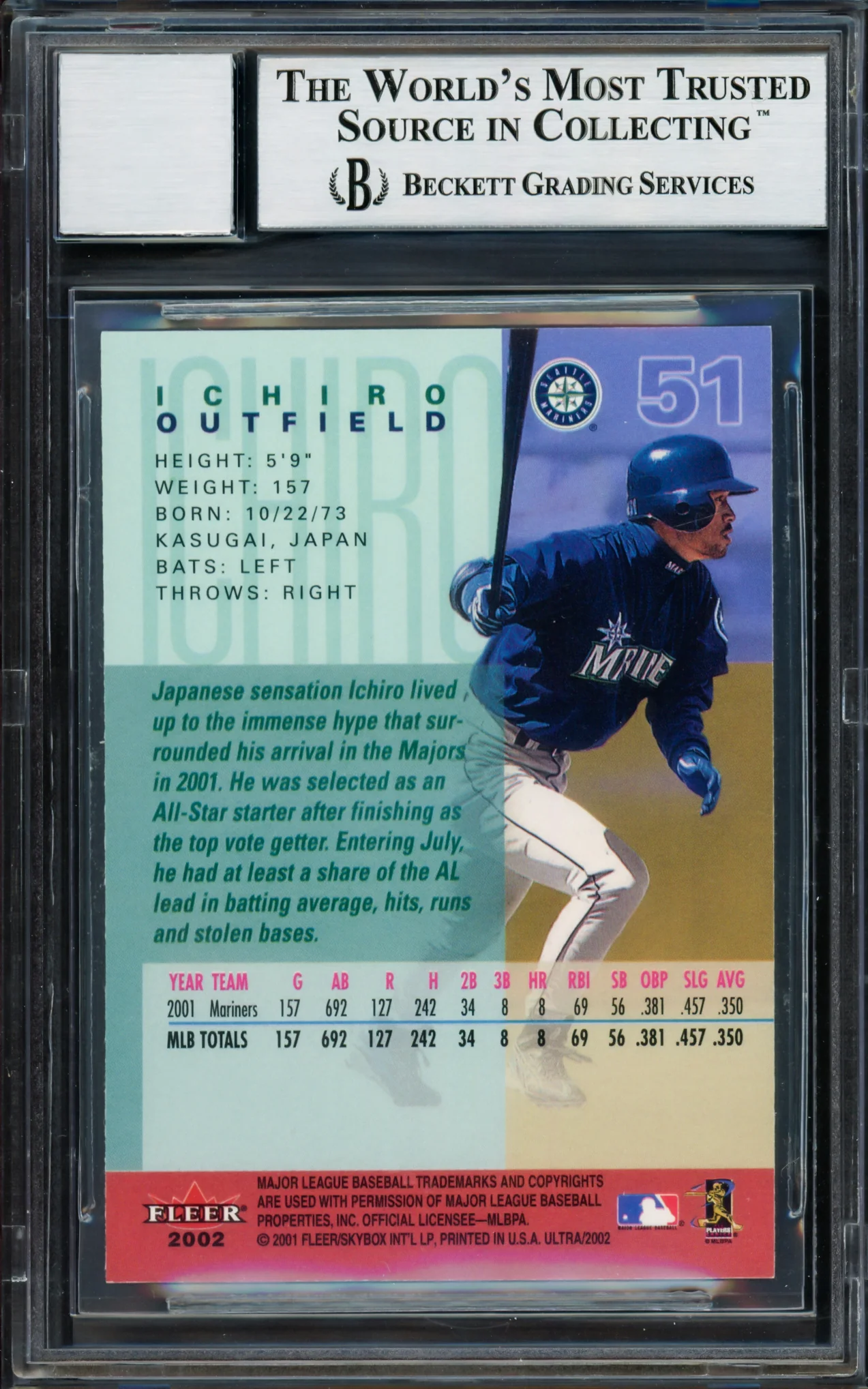 Ichiro Suzuki Autographed 2002 Fleer Ultra Card #51 Seattle Mariners Auto Grade Gem Mint 10 Beckett BAS Stock #220251 - Image 2