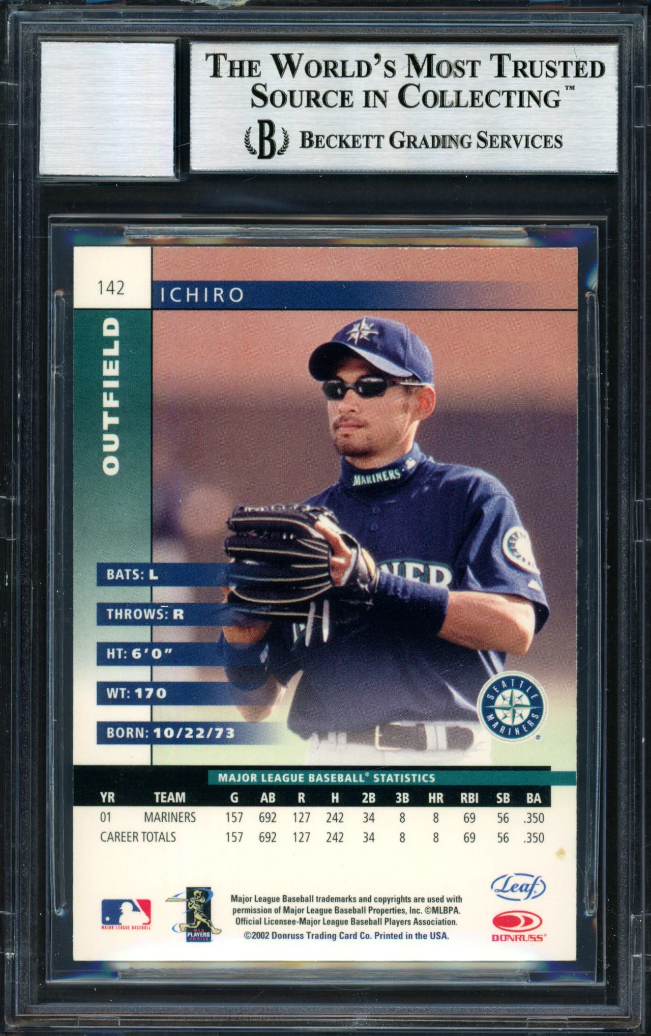 Ichiro Suzuki Autographed 2002 Leaf Card #142 Seattle Mariners Auto Grade 10 Beckett BAS #12491178 - Image 2