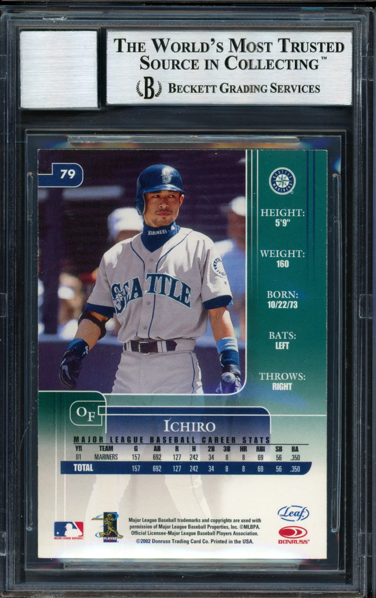 Ichiro Suzuki Autographed 2002 Leaf Rookie & Stars Card #79 Seattle Mariners Auto Grade 10 Beckett BAS #12491143 - Image 2