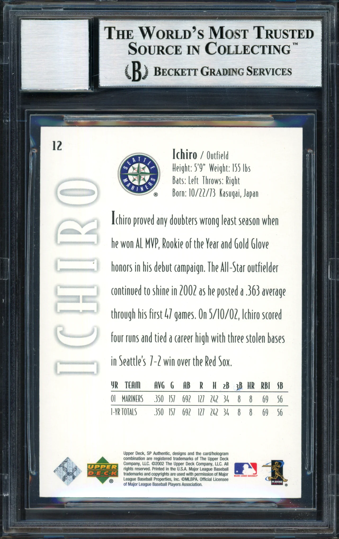 Ichiro Suzuki Autographed 2002 SP Authentic Card #12 Seattle Mariners Auto Grade 10 Beckett BAS #12491039 - Image 2