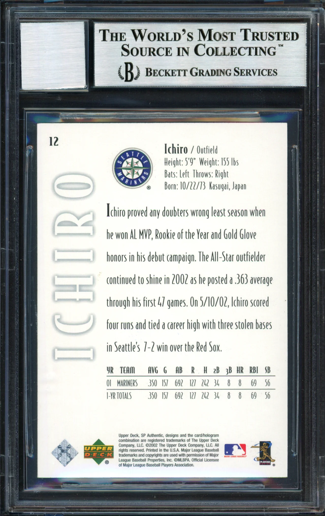 Ichiro Suzuki Autographed 2002 SP Authentic Card #12 Seattle Mariners Auto Grade 10 Beckett BAS #12491040 - Image 2