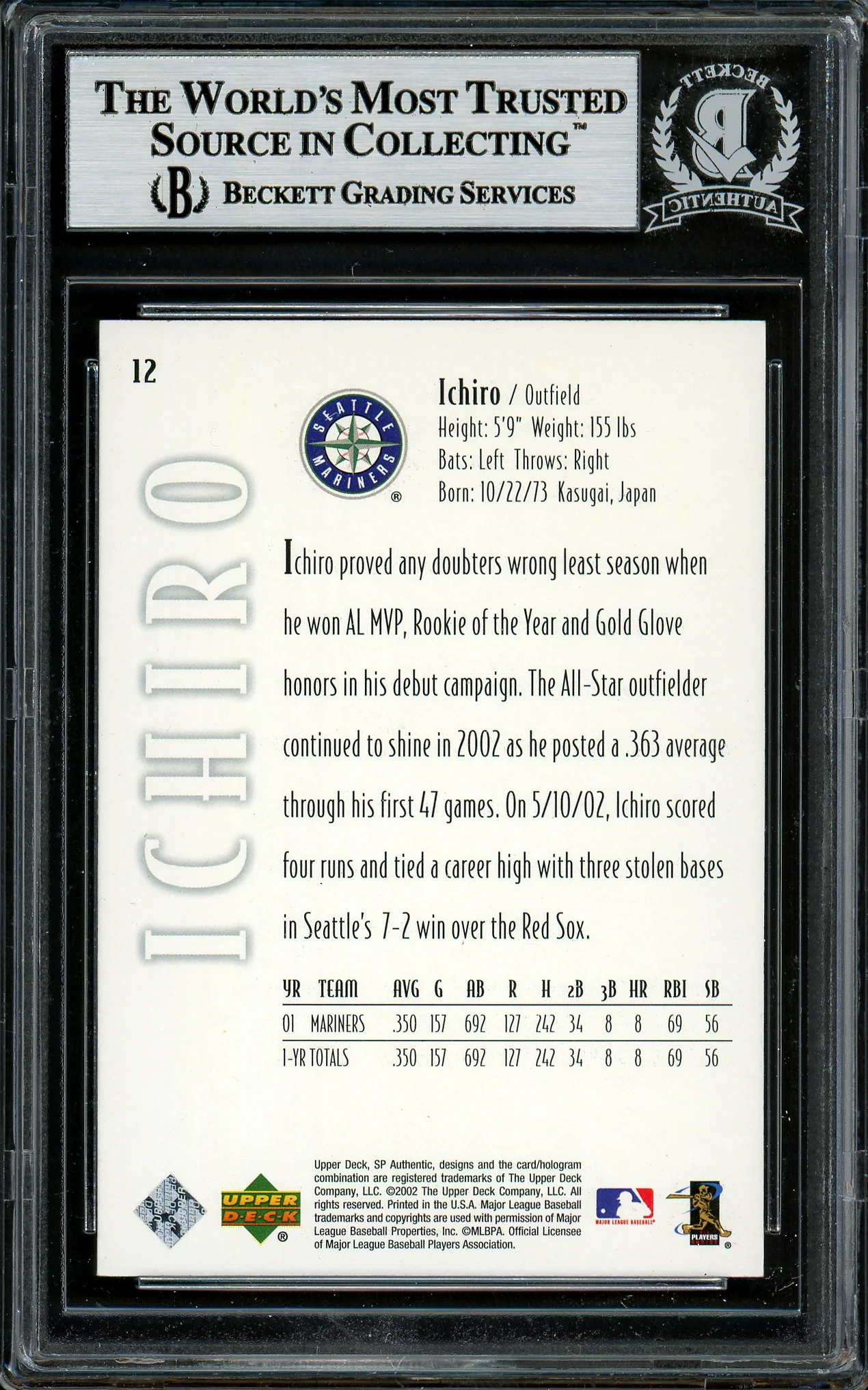 Ichiro Suzuki Autographed 2002 SP Authentic Card #12 Seattle Mariners Beckett BAS Stock #194196 - Image 2